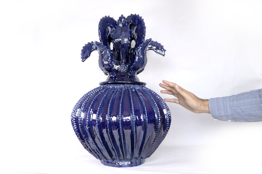 Michoacán Clay Pineapple - Fine Piece with Cross Lid - 23 in. - Blue Juan Gtz
