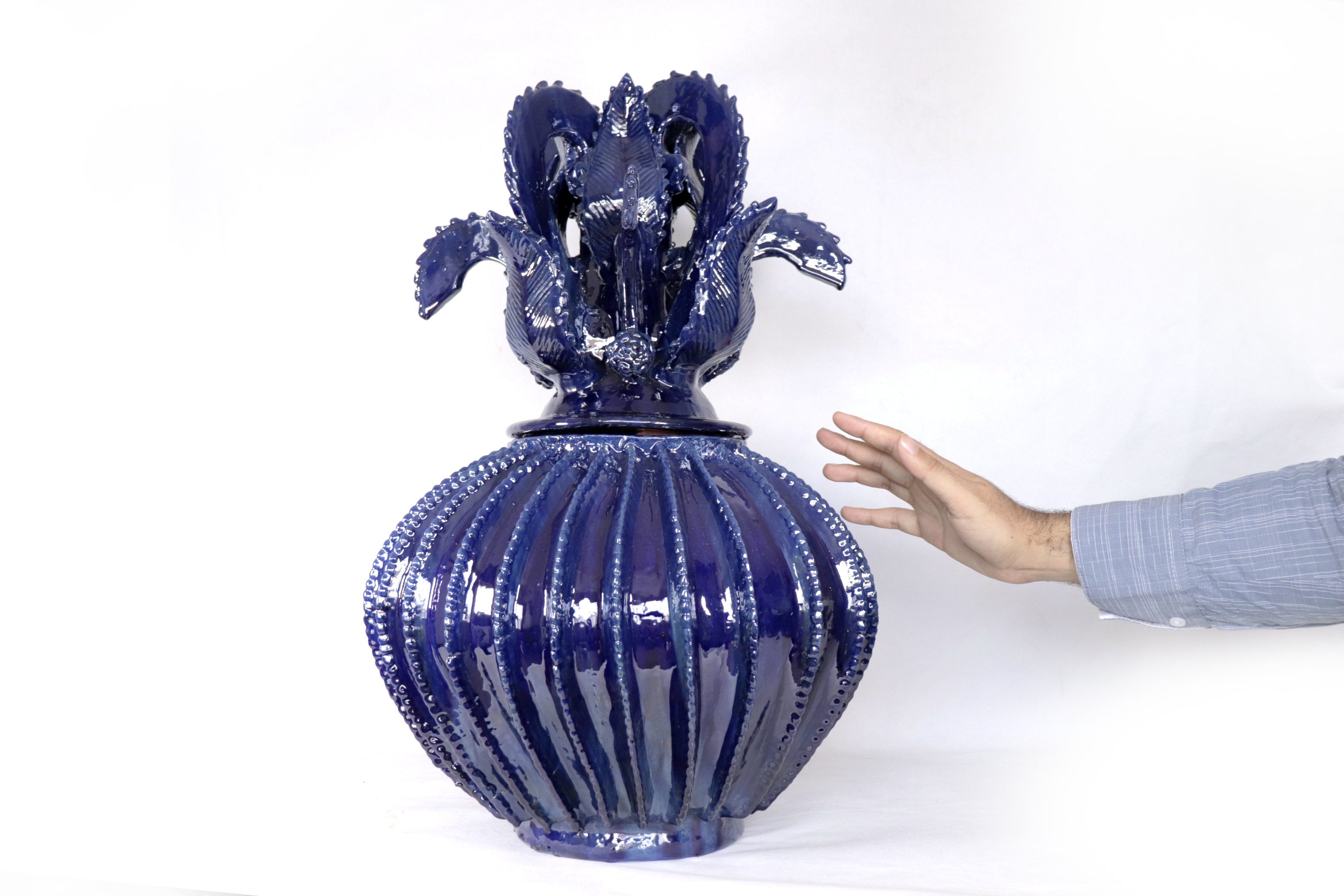 Michoacán Clay Pineapple - Fine Piece with Cross Lid - 23 in. - Blue Juan Gtz