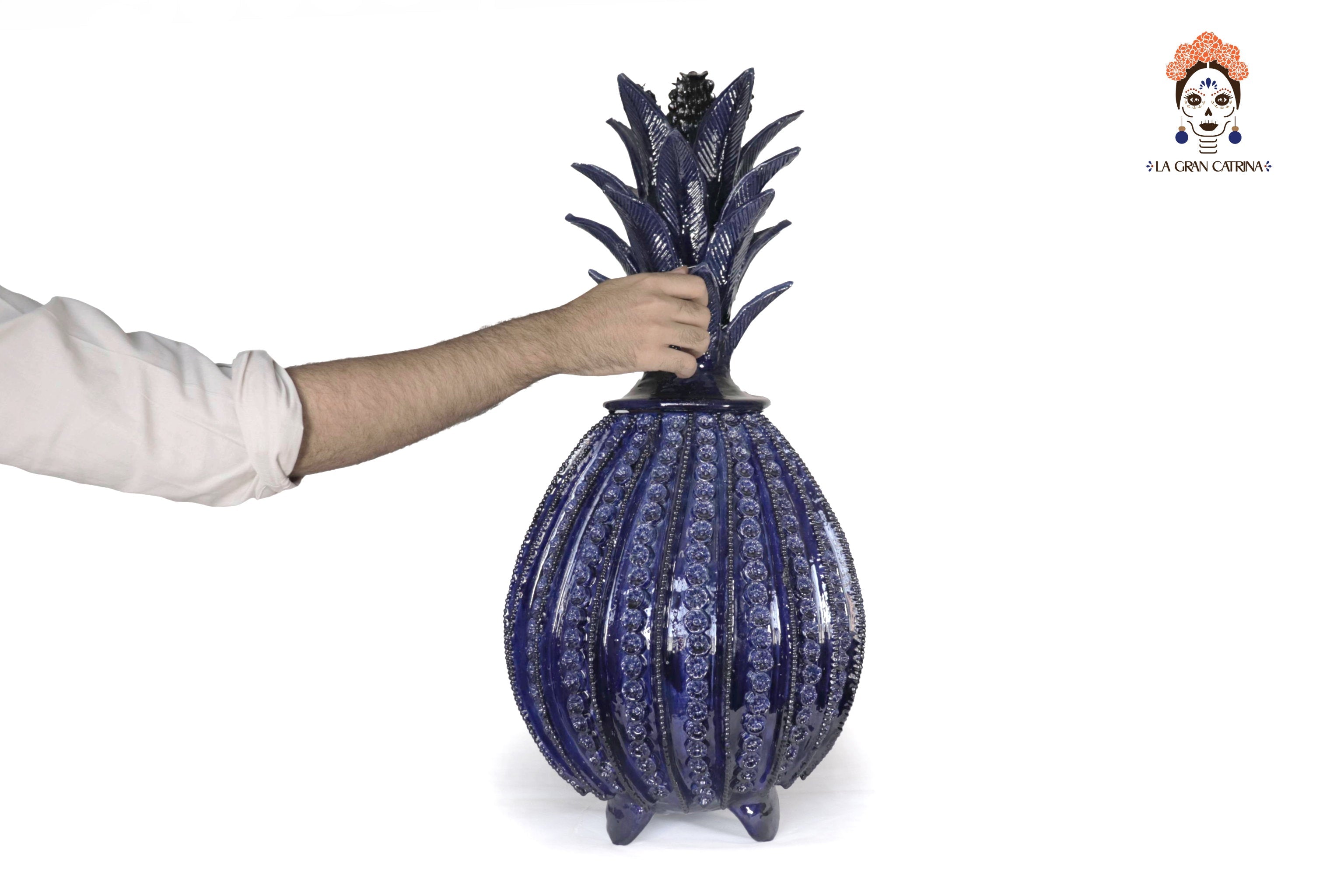 Michoacán Clay Pineapple - Blue Barrel Cactus with Flowers - 27.5 in. Celia SJG