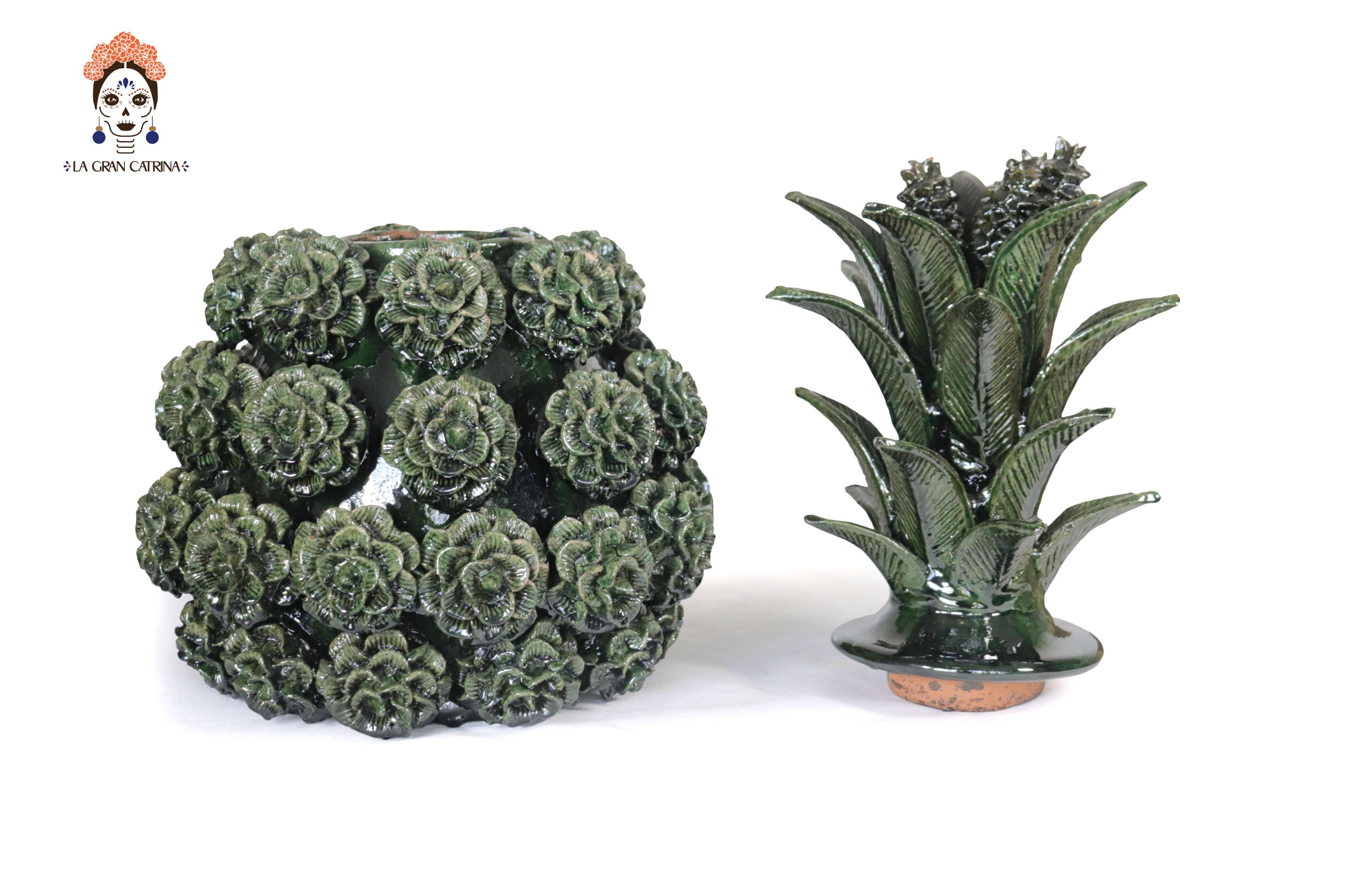 Michoacán Clay Pineapple - Green with Roses - 20.8 in. - Made to Order Celia SJG