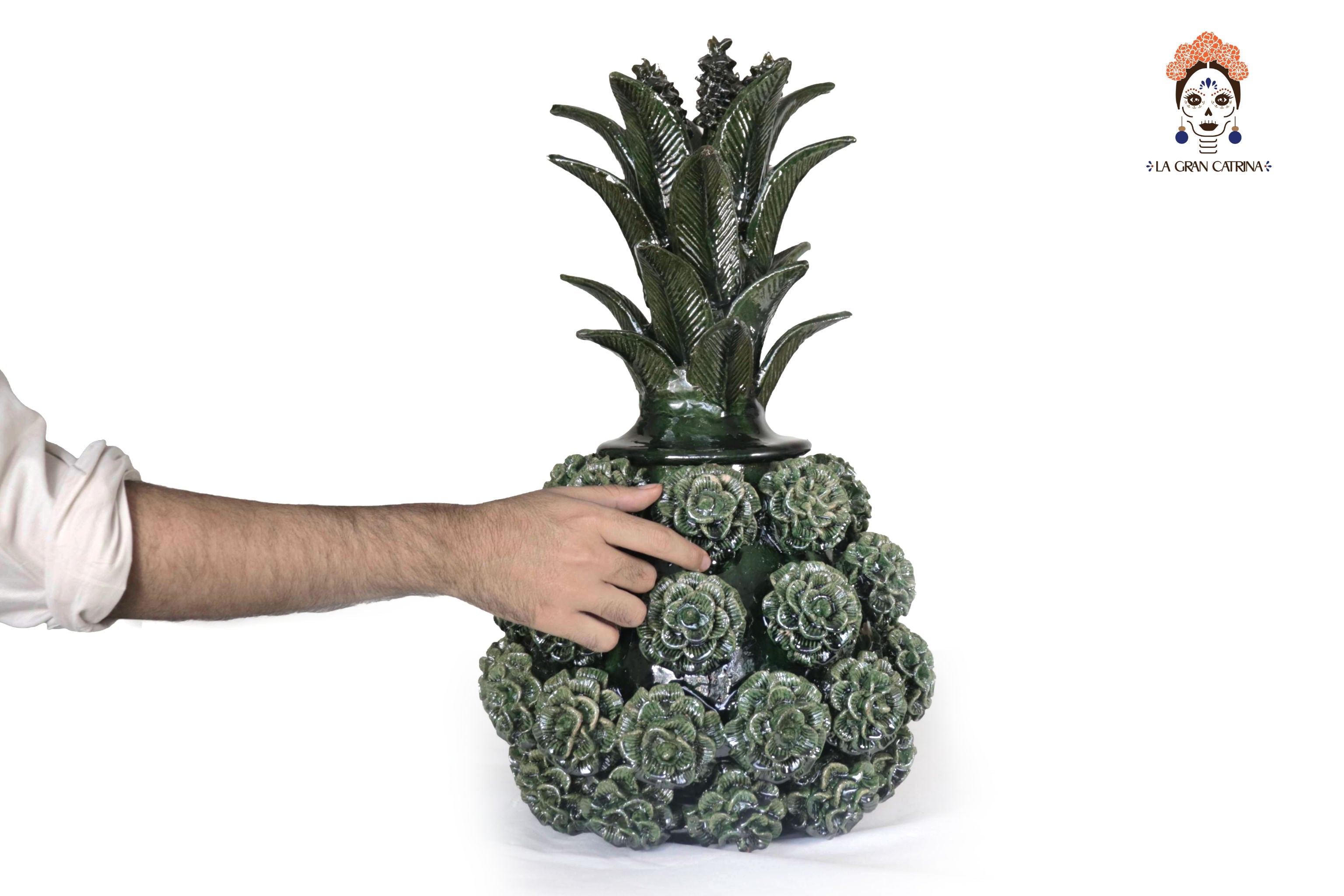 Michoacán Clay Pineapple - Green with Roses - 20.8 in. - Made to Order Celia SJG