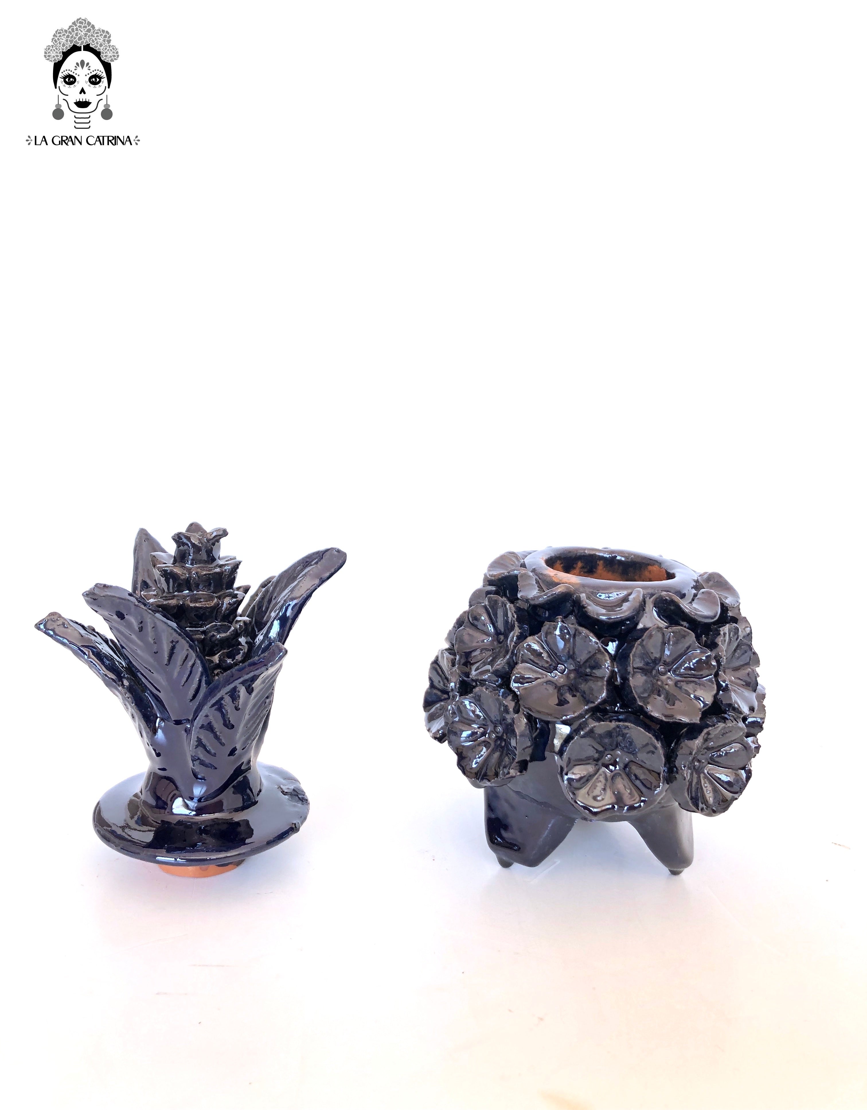 Michoacán Clay Pineapple - Flowers Blue - 7.7 in. - Made to Order Juan Gtz