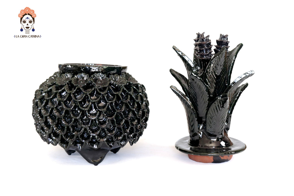 Michoacán Clay Pineapple - Petals and flowers Black - 13 in. - Made to Order Juan Gtz