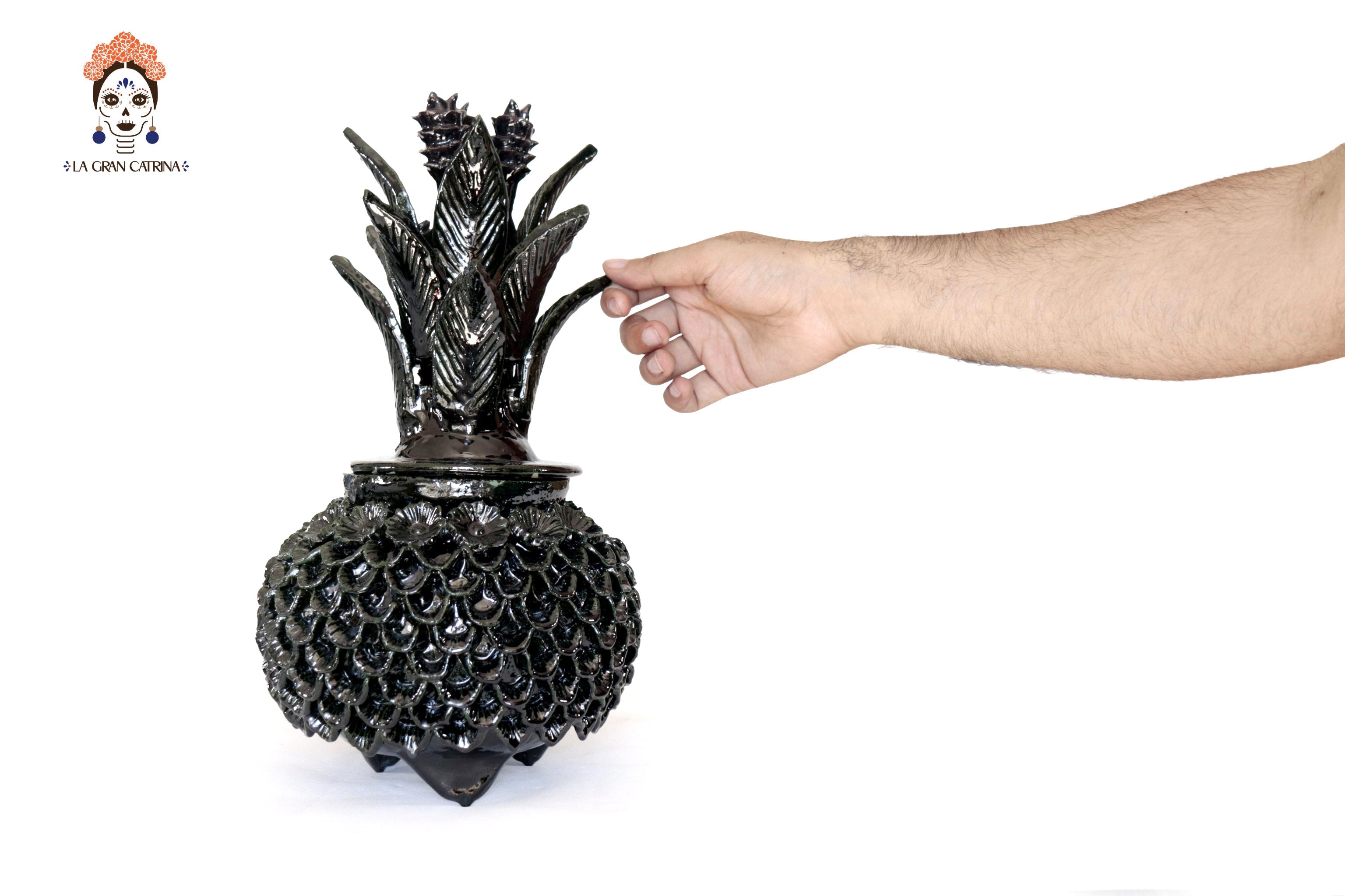 Michoacán Clay Pineapple - Petals and flowers Black - 13 in. - Made to Order Juan Gtz