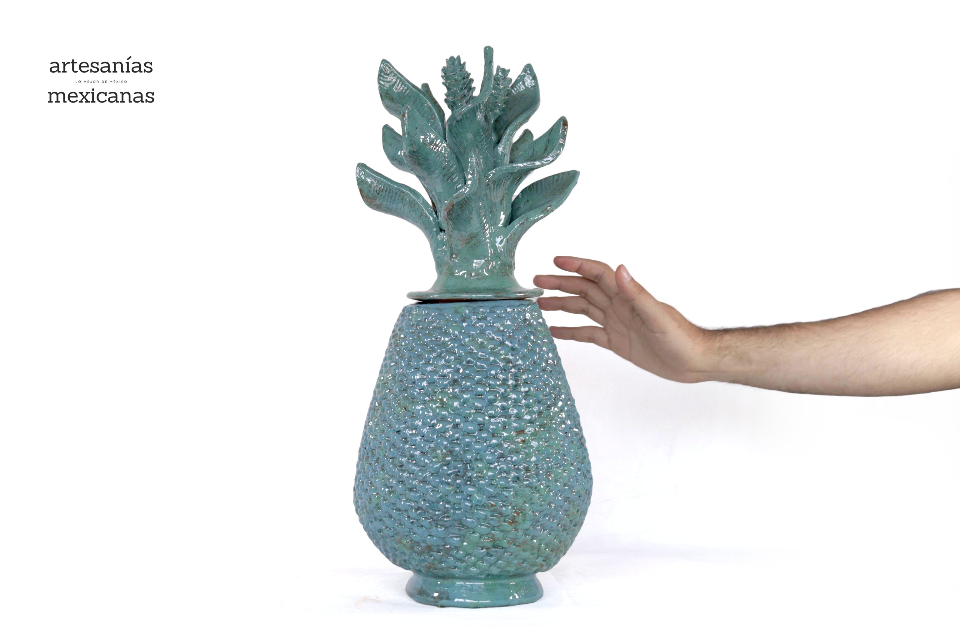 Turquoise Pineapple of tejido with Wavy Lid - 20 in. - Made to Order Juan Gtz