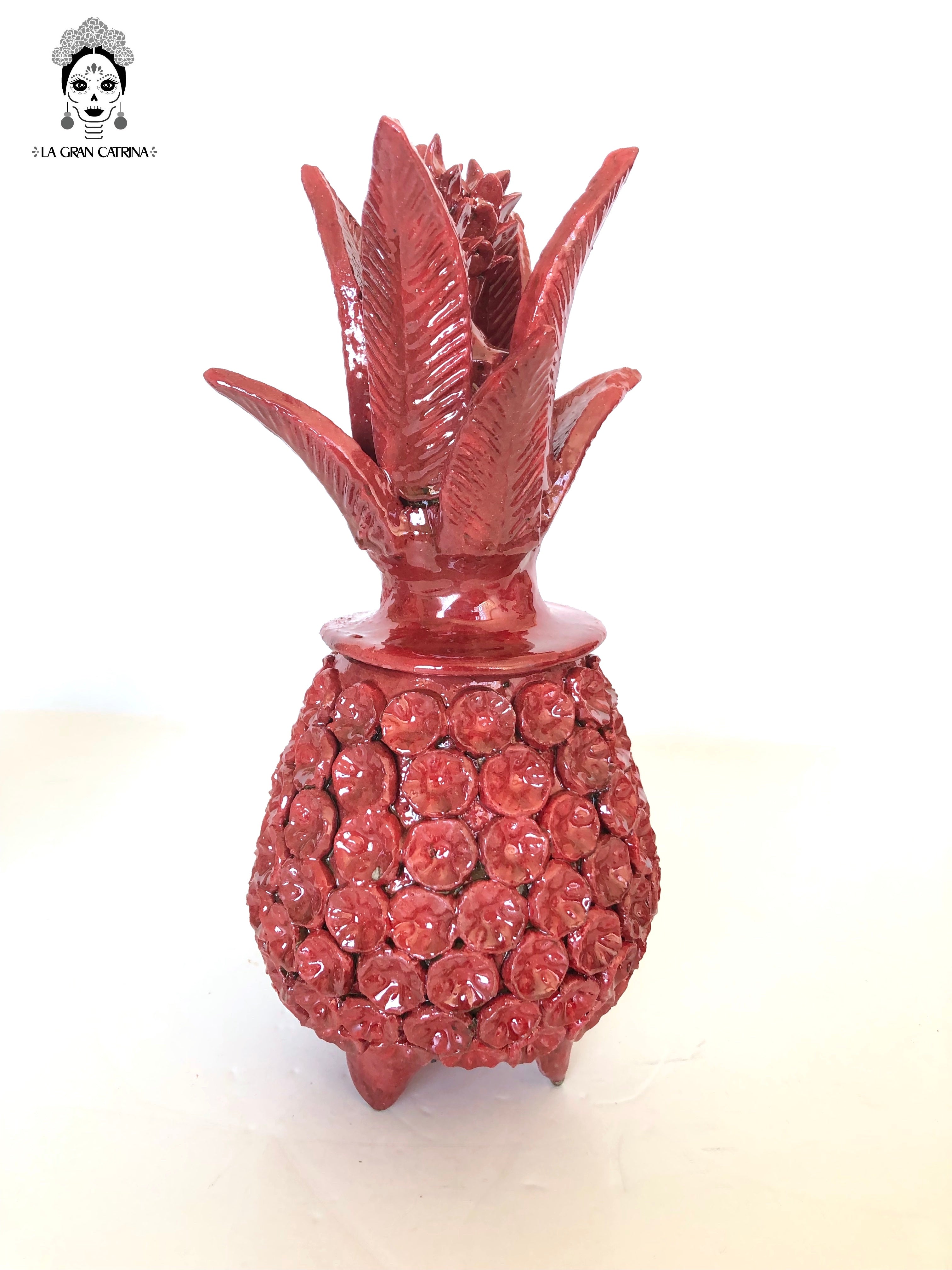 Michoacán Clay Pineapple - Flowers red - 11 in. - Made to Order Juan Gtz