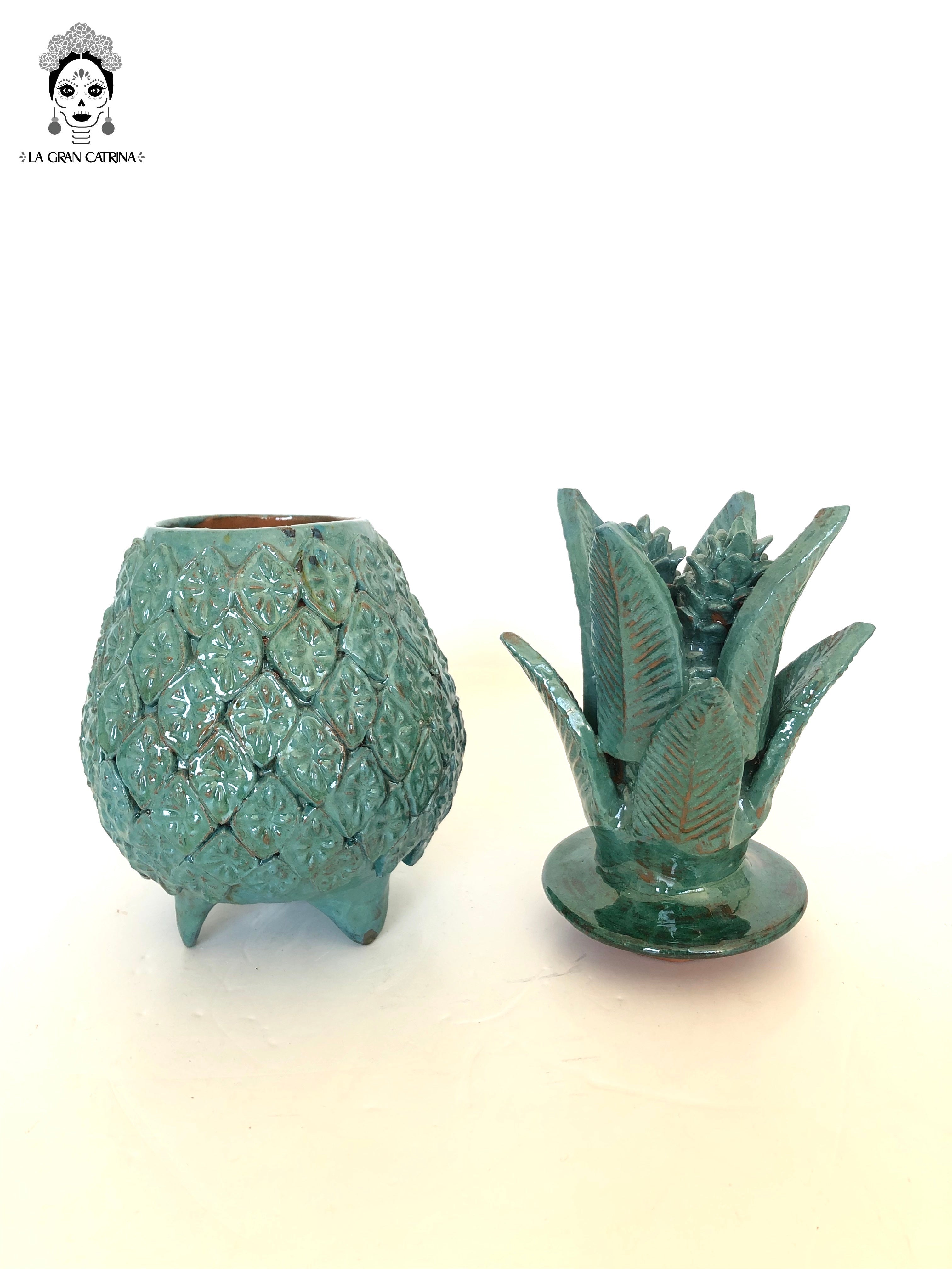 Michoacán Clay Pineapple - Rombos turquoises - 11 in. - Made to Order Juan Gtz