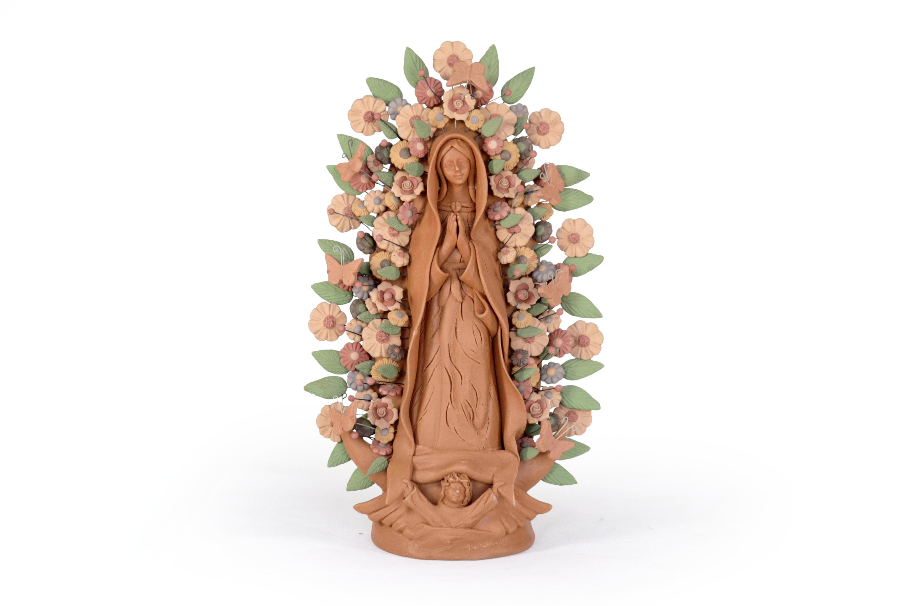Virgin of Guadalupe - Natural Clay with Butterflies and flowers - 10.8 in. Cecilio