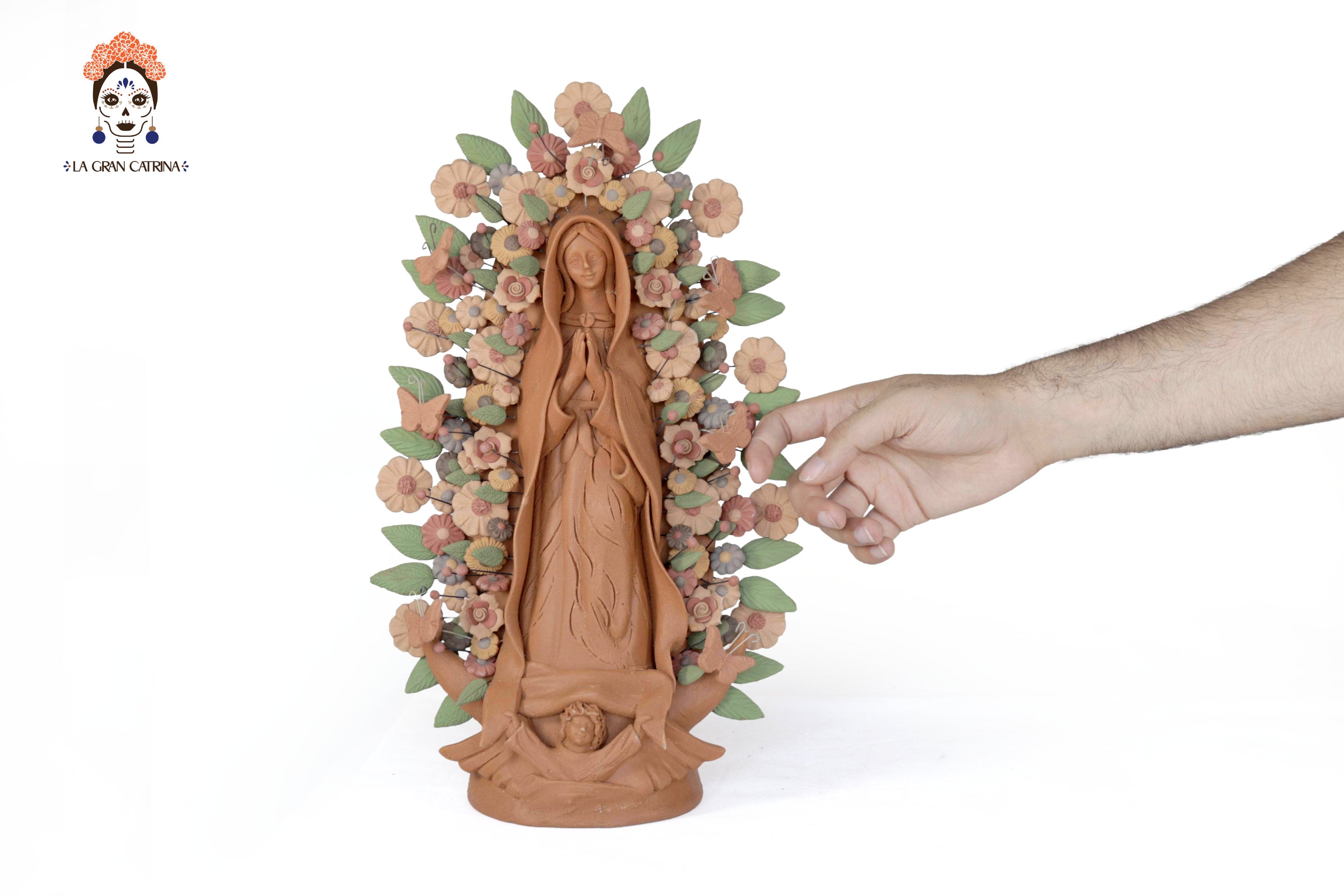 Virgin of Guadalupe - Natural Clay with Butterflies and flowers - 10.8 in. Cecilio