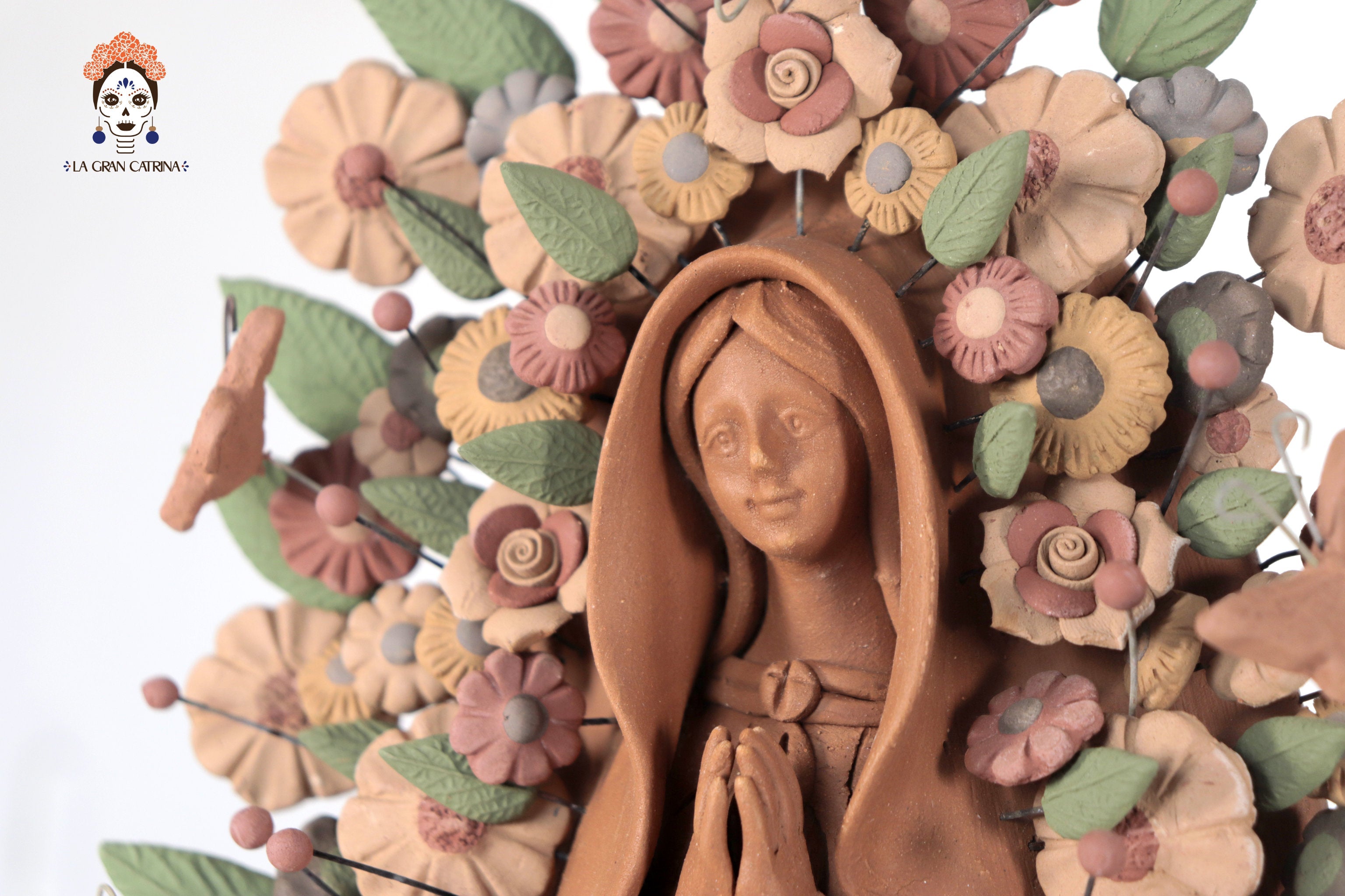Virgin of Guadalupe - Natural Clay with Butterflies and flowers - 10.8 in. Cecilio
