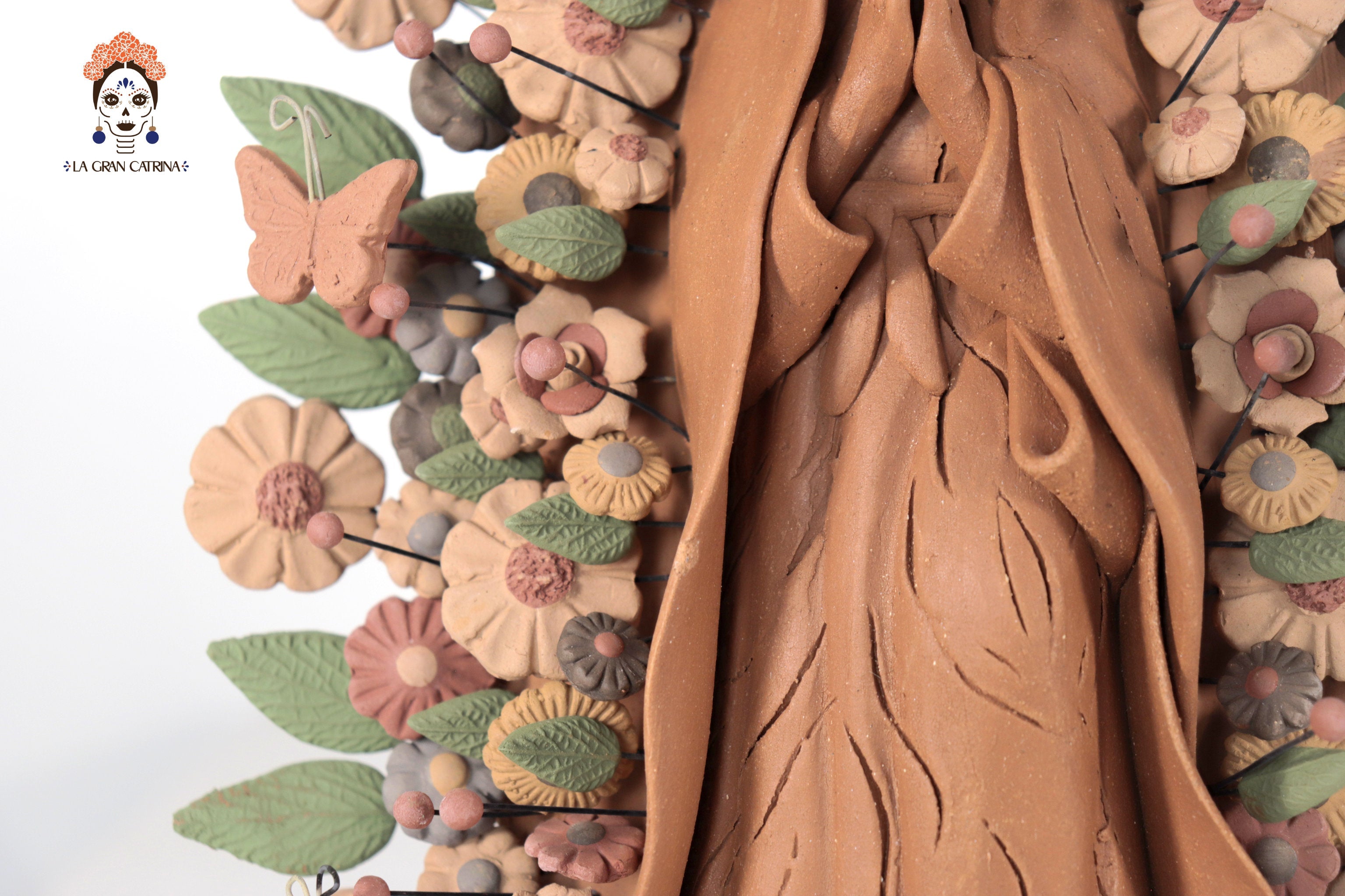 Virgin of Guadalupe - Natural Clay with Butterflies and flowers - 10.8 in. Cecilio