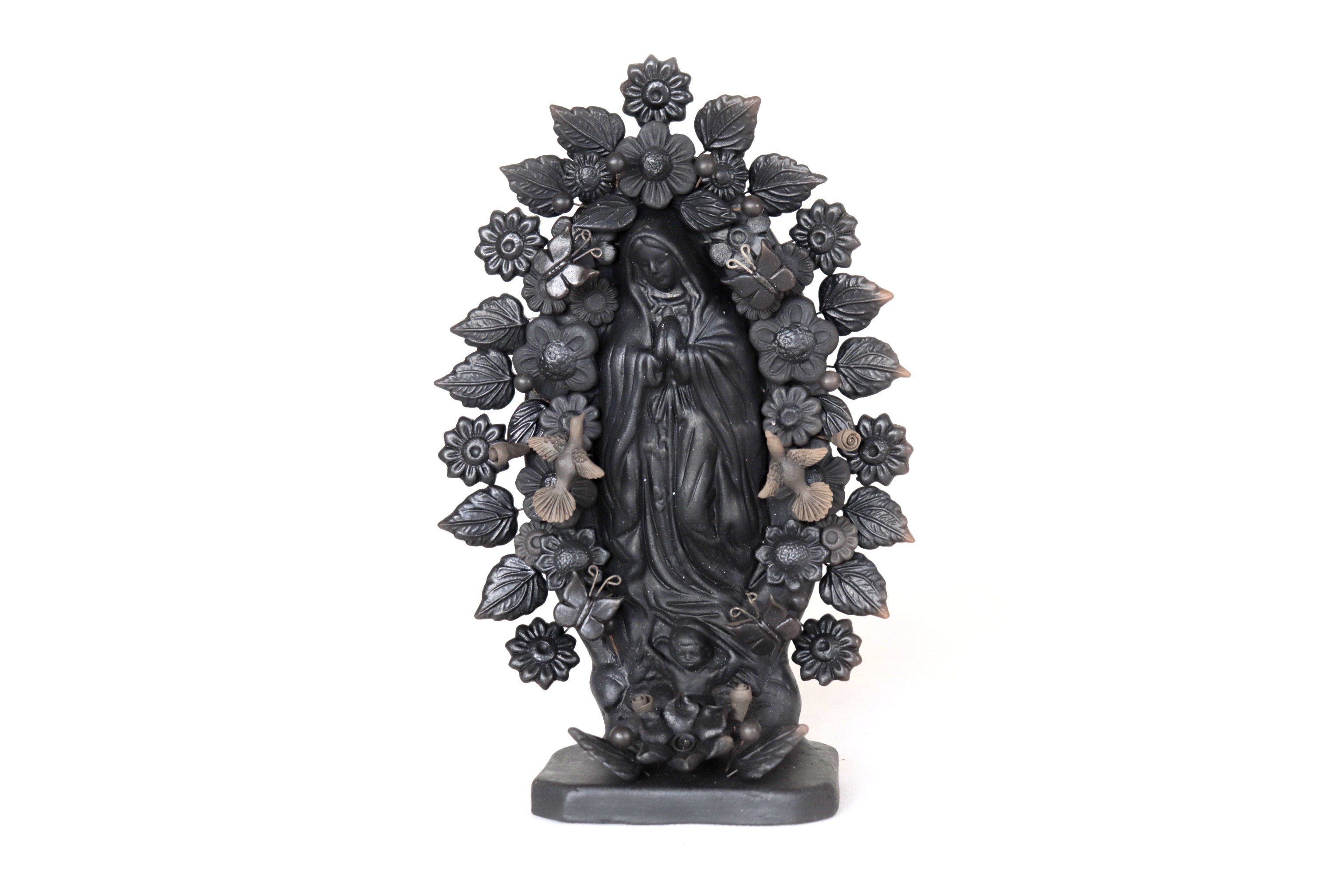 Virgin of Guadalupe - Clay black with Butterflies and flowers - 8.8 in. Cecilio
