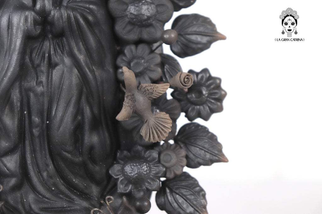 Virgin of Guadalupe - Clay black with Butterflies and flowers - 8.8 in. Cecilio