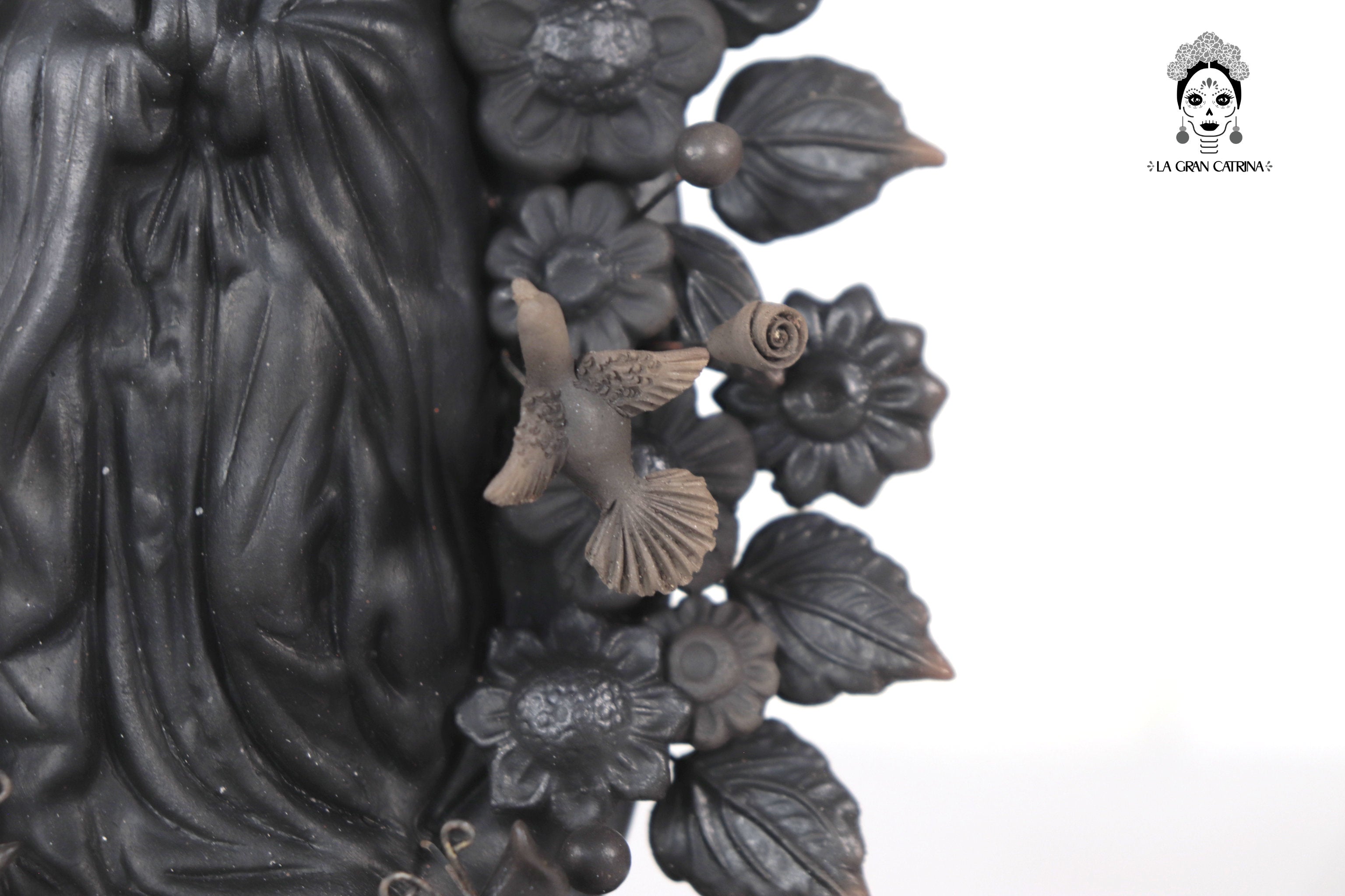 Virgin of Guadalupe - Clay black with Butterflies and flowers - 8.8 in. Cecilio