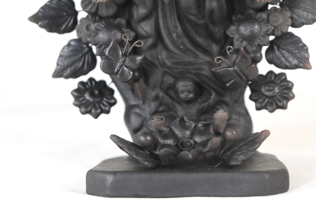 Virgin of Guadalupe - Clay black with Butterflies and flowers - 8.8 in. Cecilio