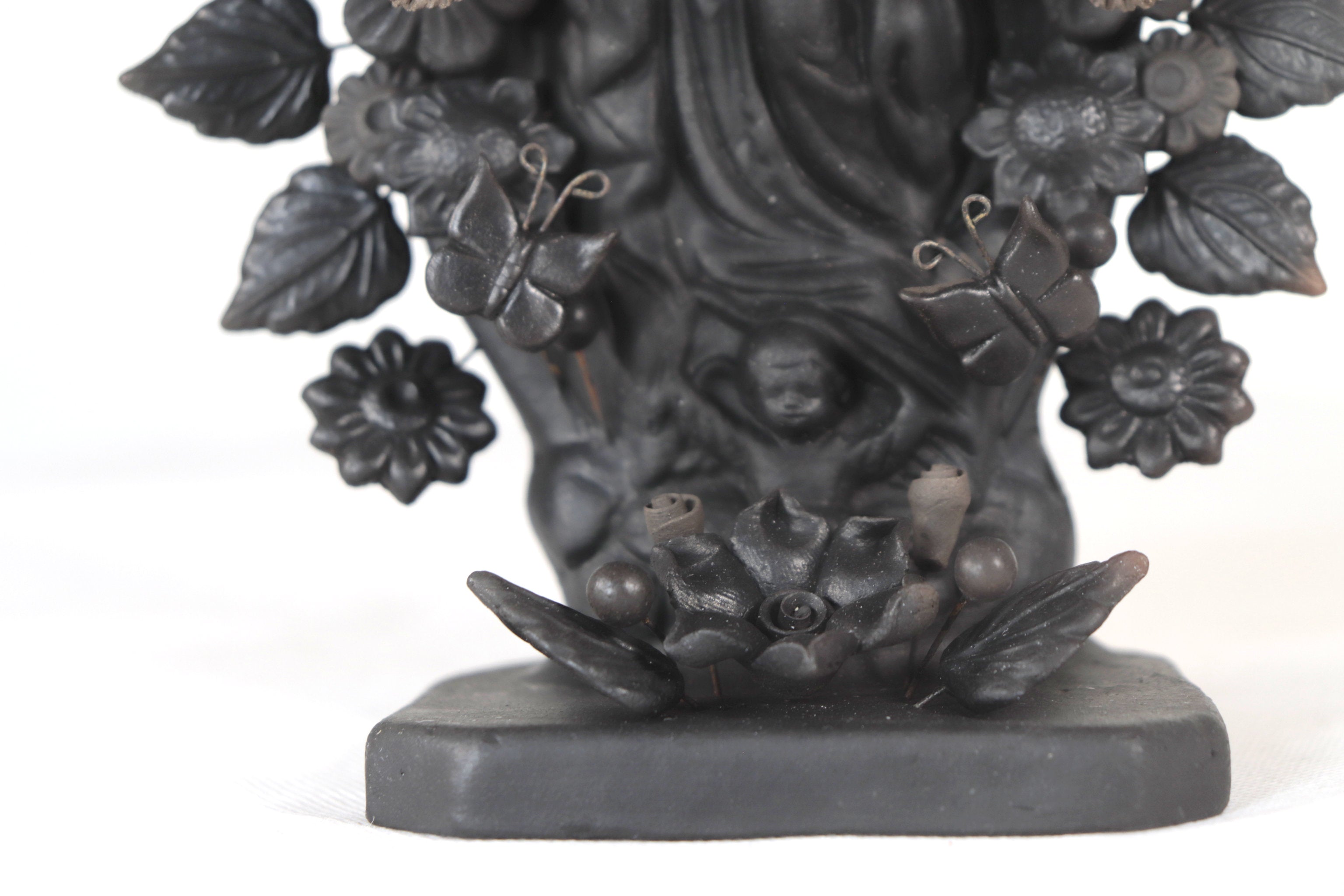 Virgin of Guadalupe - Clay black with Butterflies and flowers - 8.8 in. Cecilio