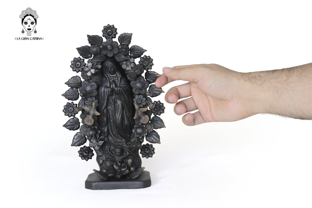 Virgin of Guadalupe - Clay black with Butterflies and flowers - 8.8 in. Cecilio