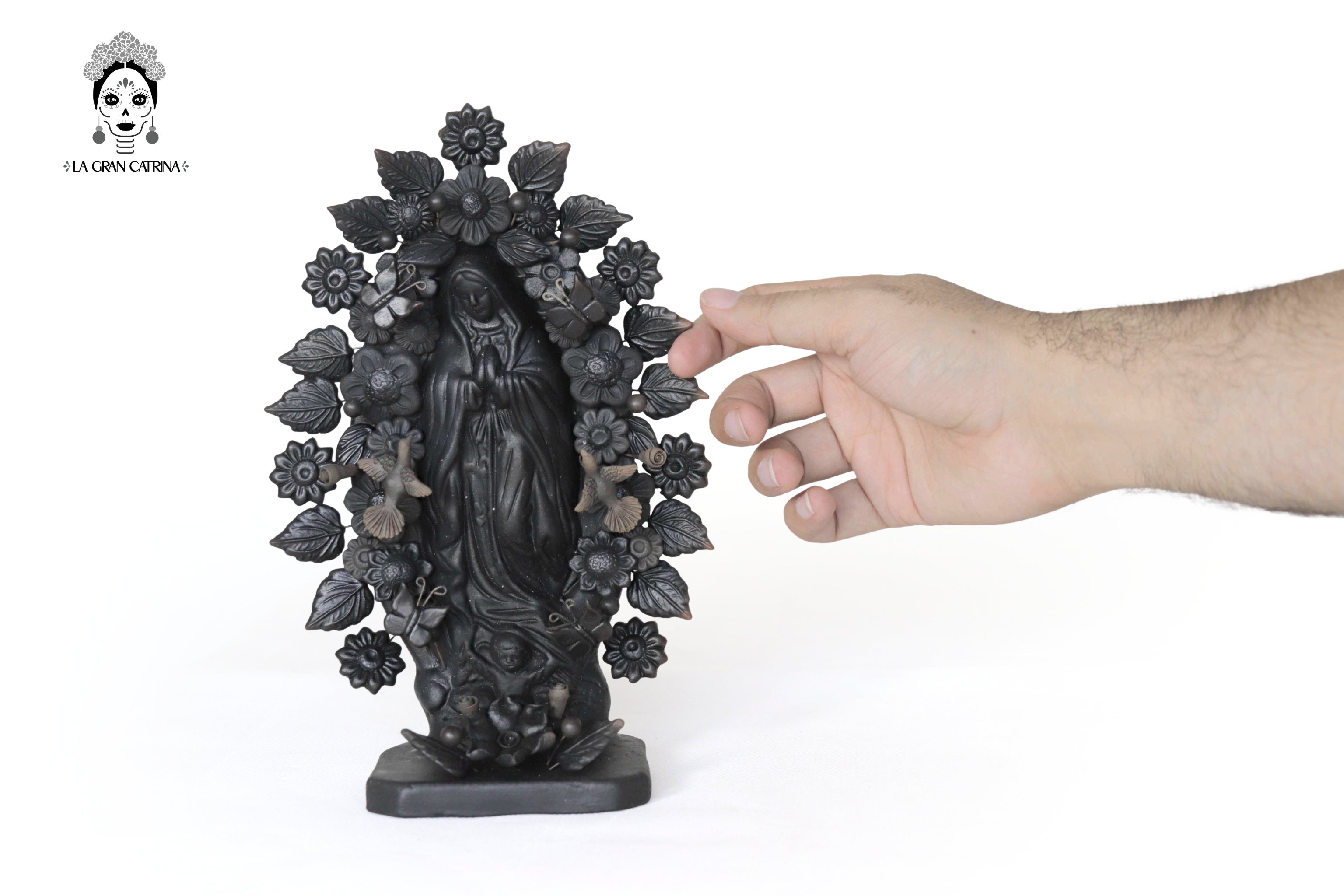 Virgin of Guadalupe - Clay black with Butterflies and flowers - 8.8 in. Cecilio