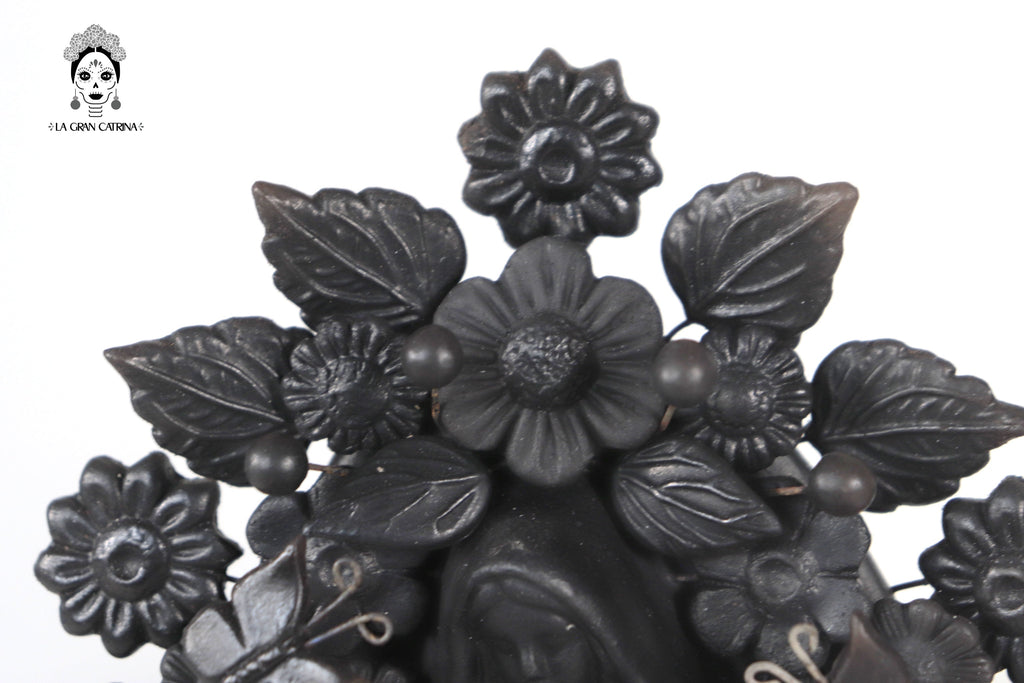 Virgin of Guadalupe - Clay black with Butterflies and flowers - 8.8 in. Cecilio