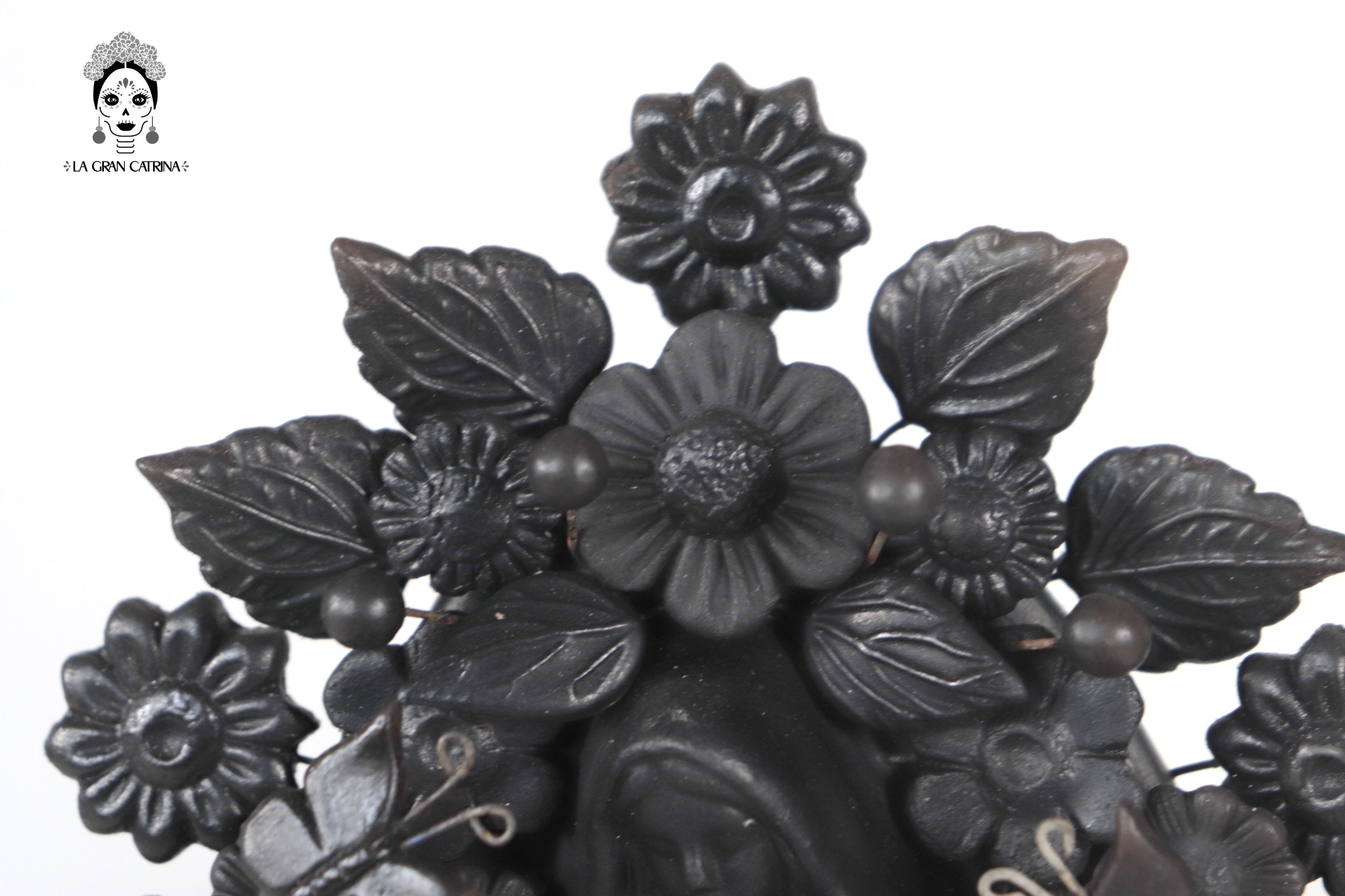 Virgin of Guadalupe - Clay black with Butterflies and flowers - 8.8 in. Cecilio