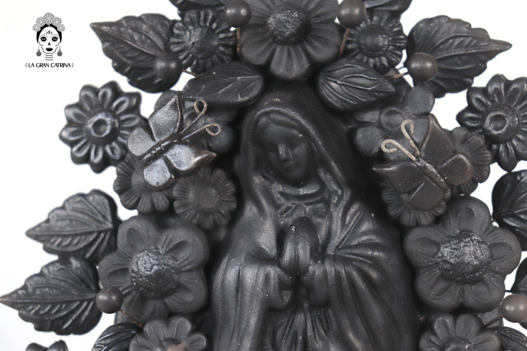 Virgin of Guadalupe - Clay black with Butterflies and flowers - 8.8 in. Cecilio