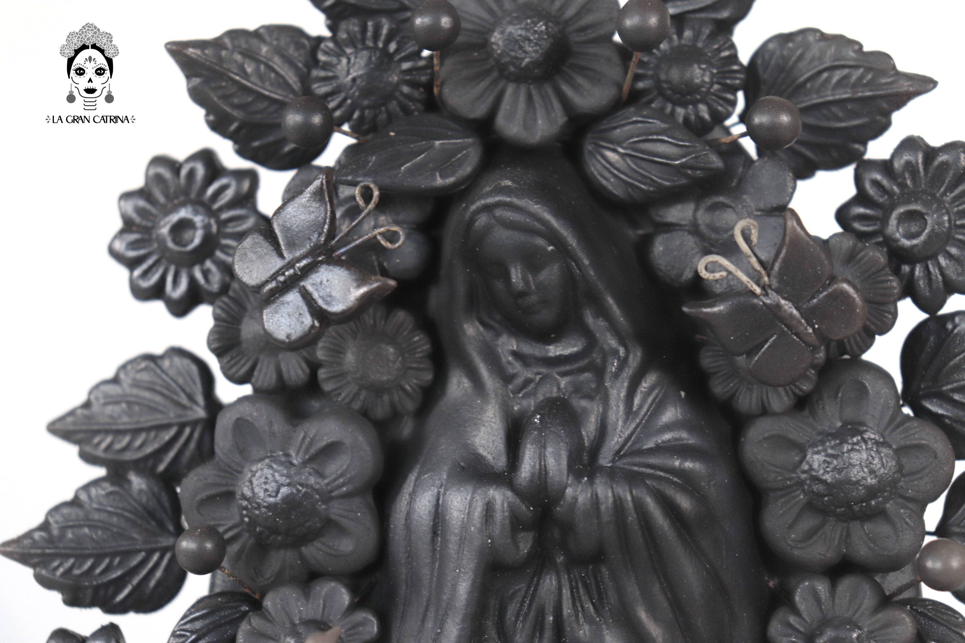 Virgin of Guadalupe - Clay black with Butterflies and flowers - 8.8 in. Cecilio