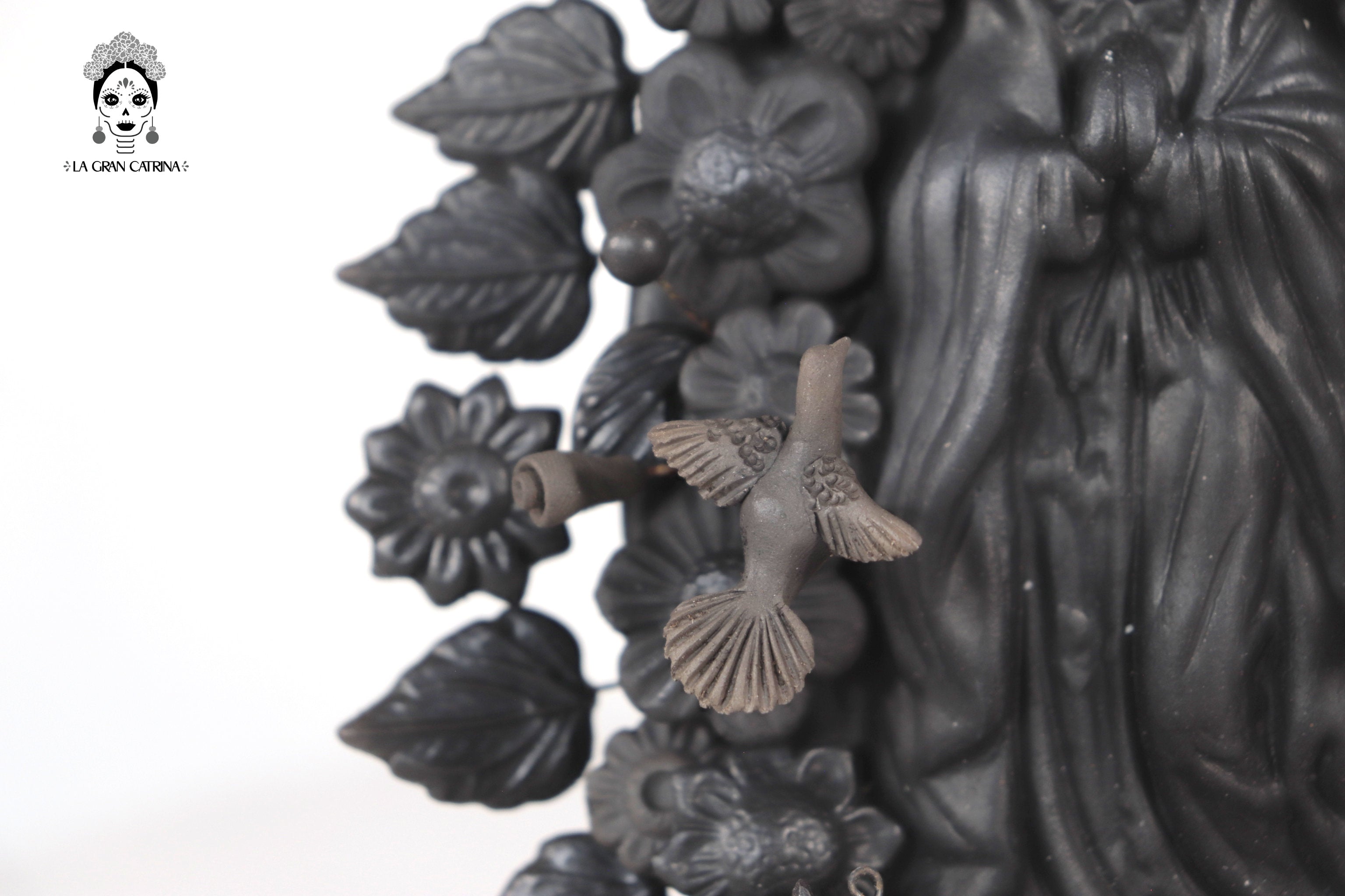 Virgin of Guadalupe - Clay black with Butterflies and flowers - 8.8 in. Cecilio