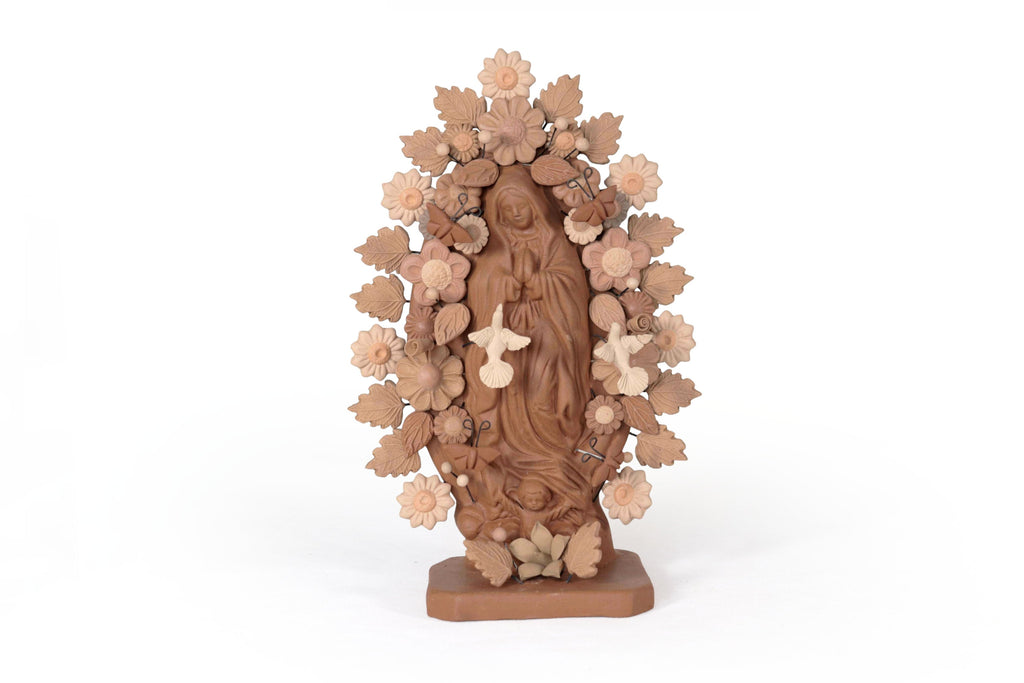 Virgin of Guadalupe - Natural Clay with Butterflies and flowers tono brown - 8.8 in. Cecilio