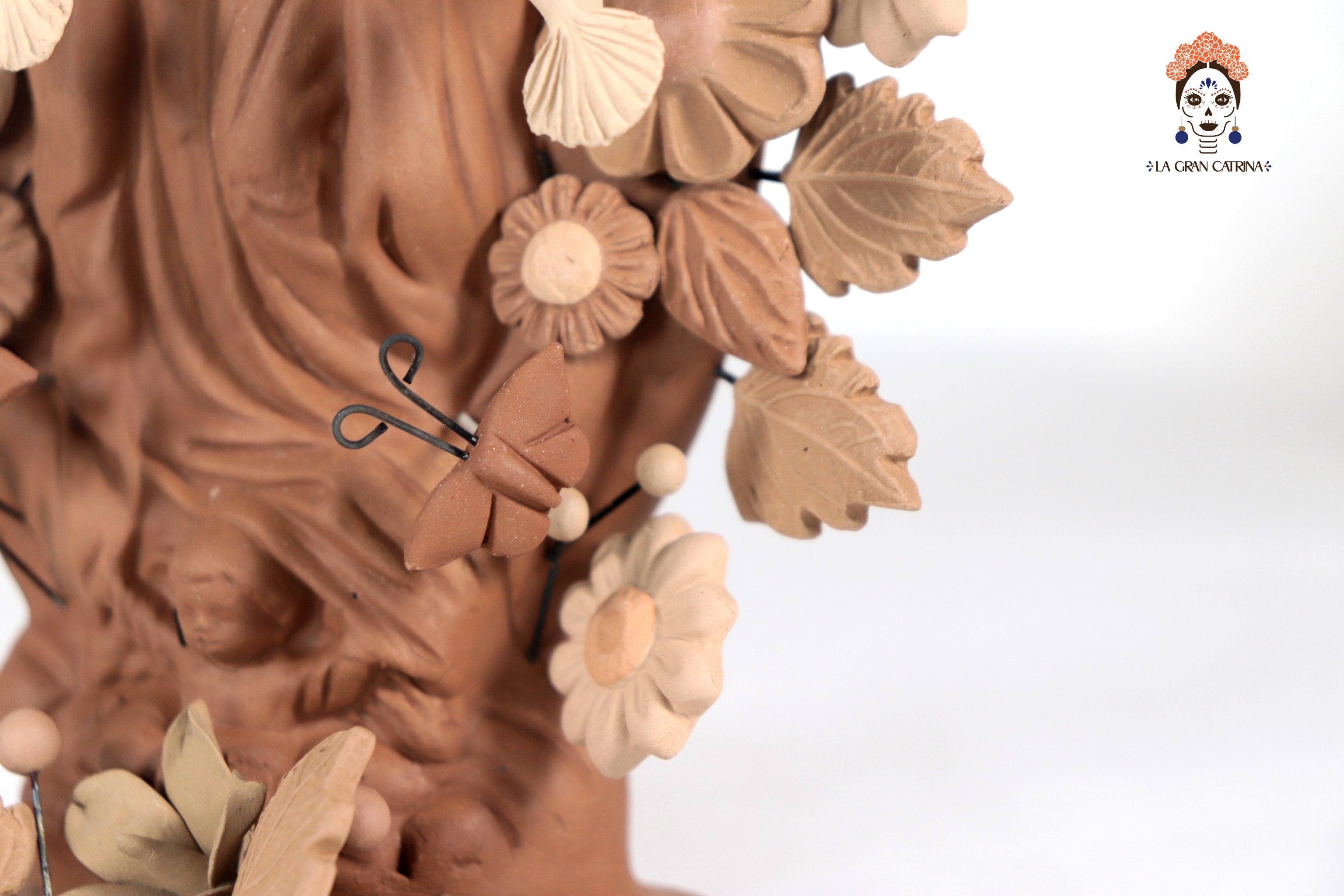 Virgin of Guadalupe - Natural Clay with Butterflies and flowers tono brown - 8.8 in. Cecilio