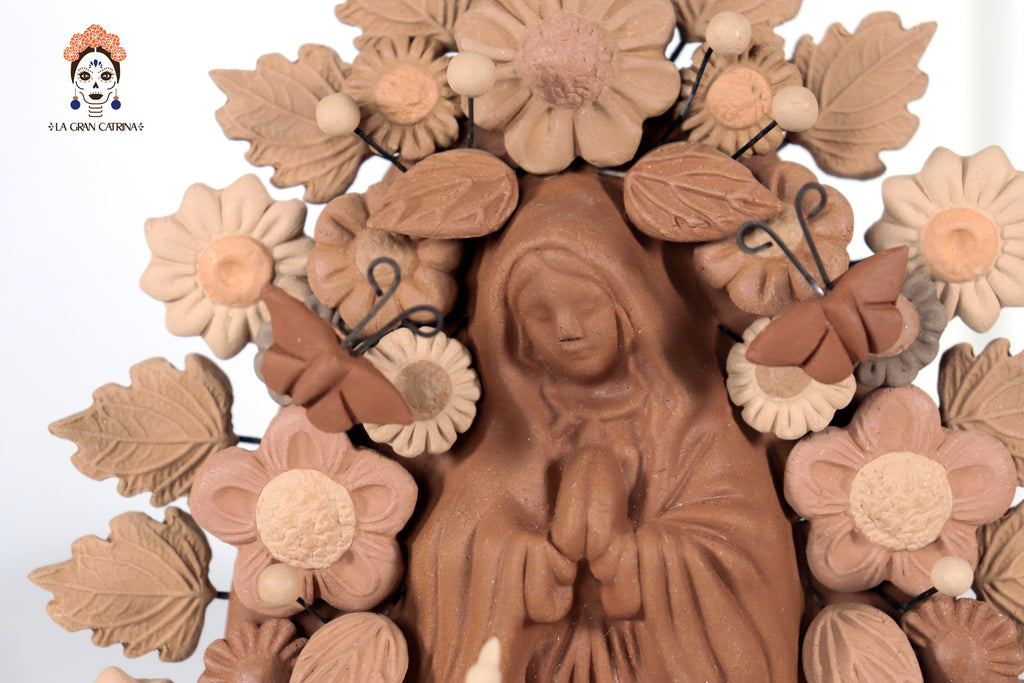 Virgin of Guadalupe - Natural Clay with Butterflies and flowers tono brown - 8.8 in. Cecilio