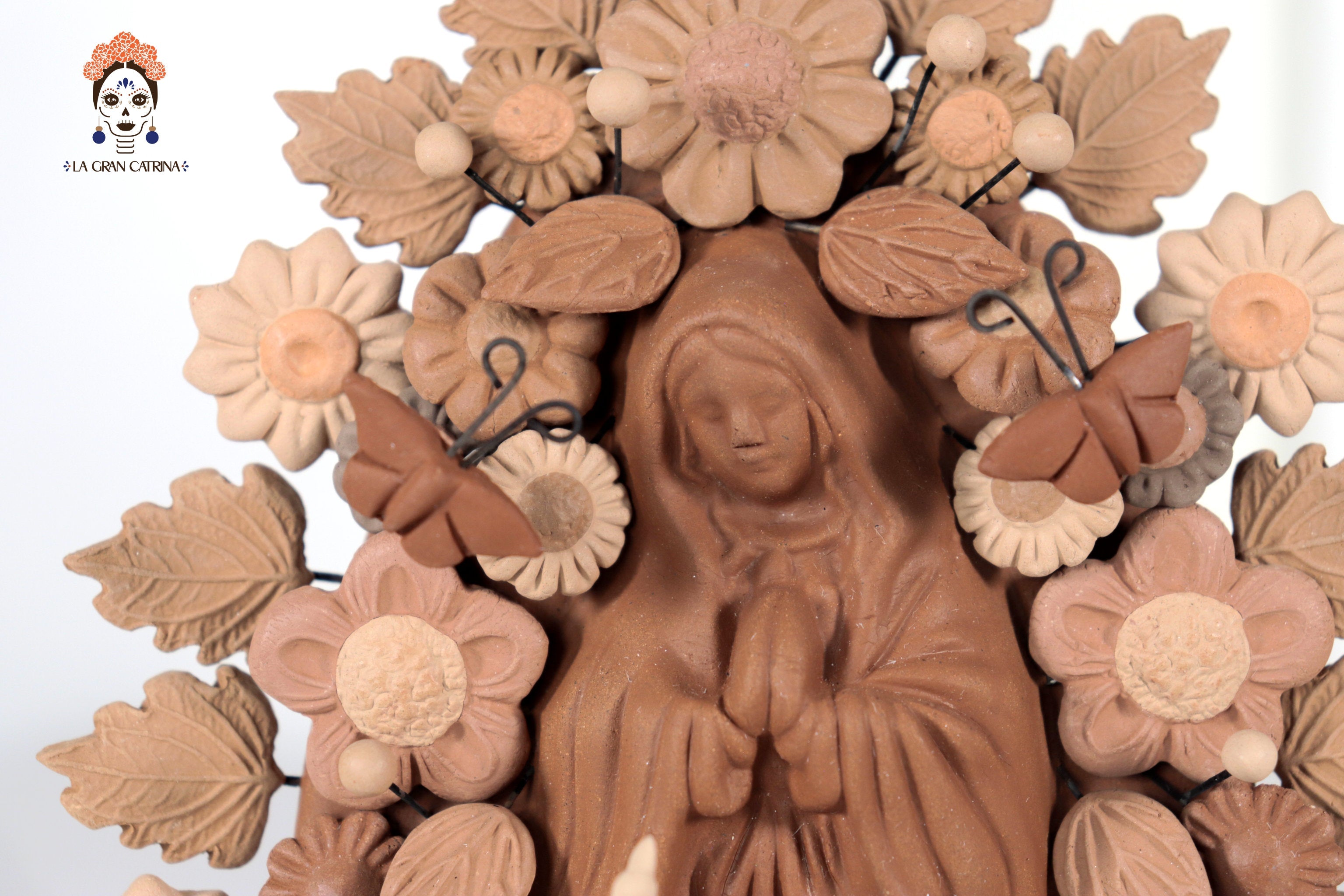 Virgin of Guadalupe - Natural Clay with Butterflies and flowers tono brown - 8.8 in. Cecilio