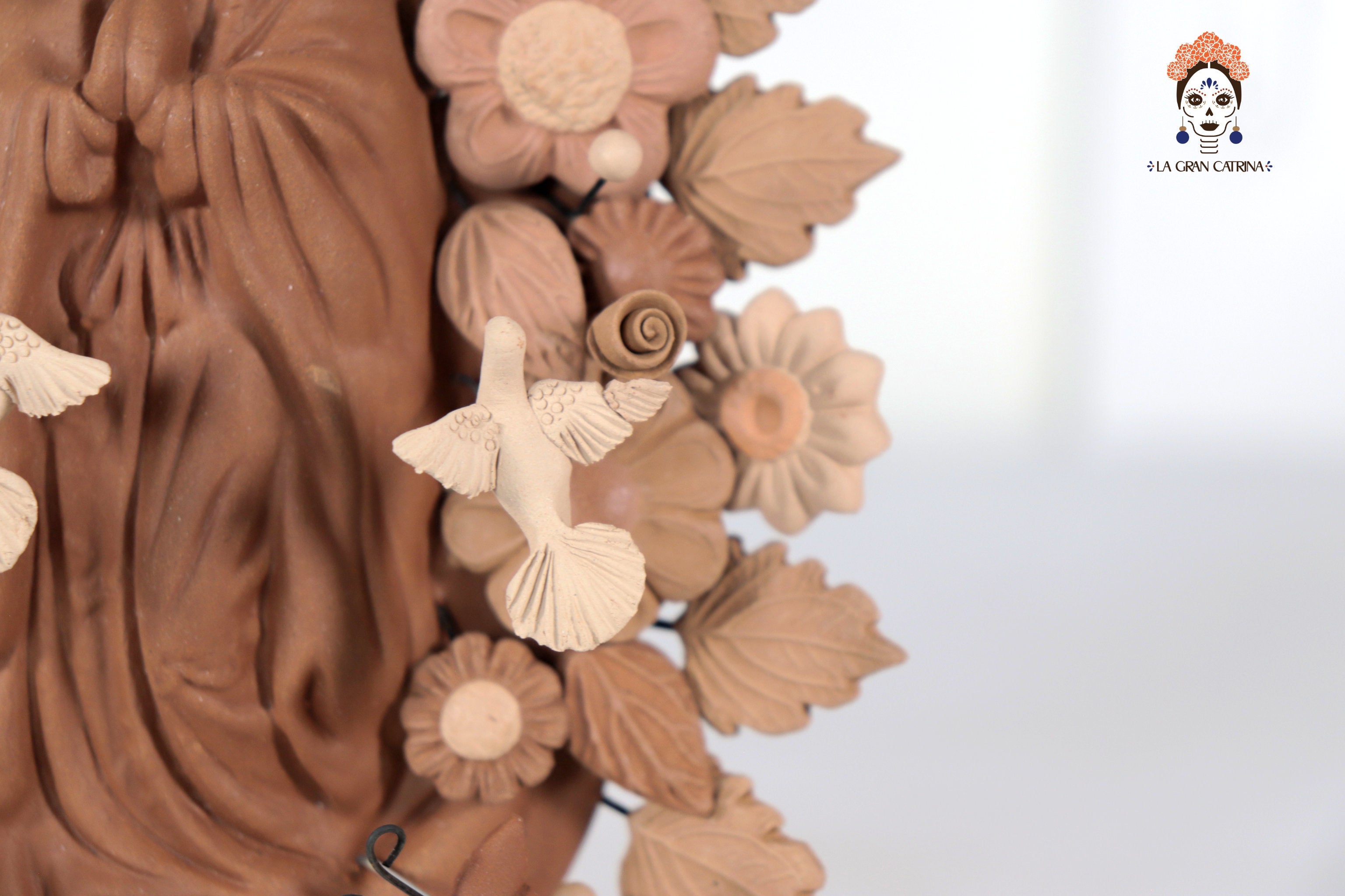 Virgin of Guadalupe - Natural Clay with Butterflies and flowers tono brown - 8.8 in. Cecilio