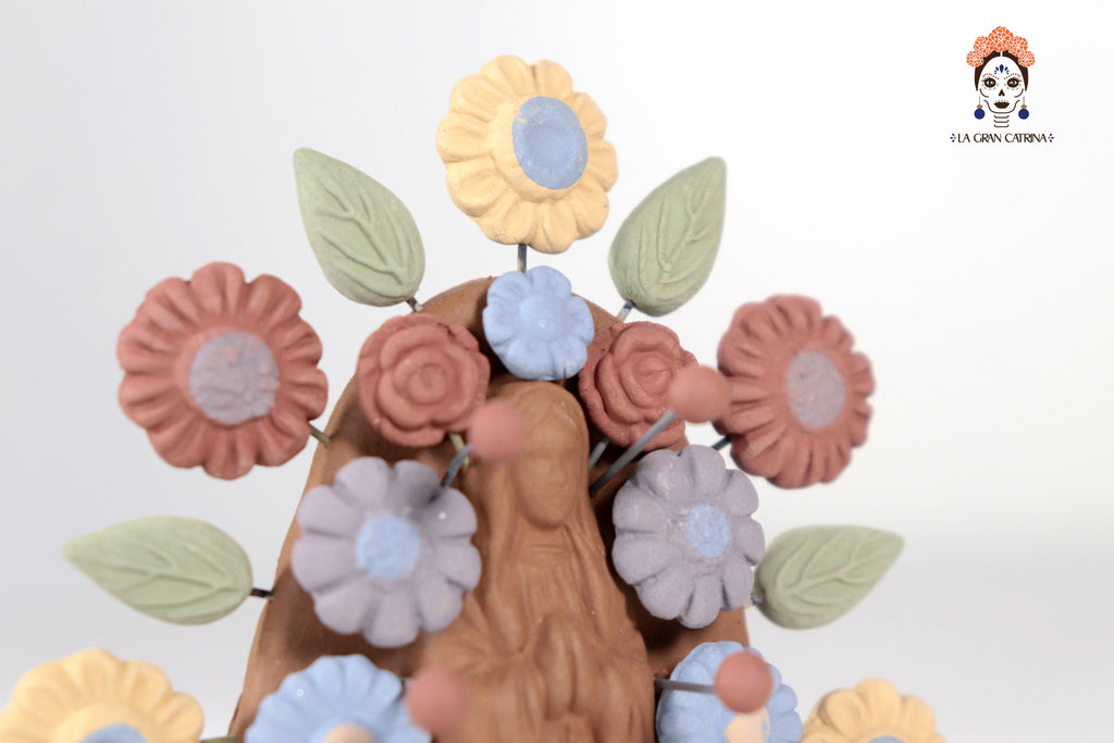 Virgin of Guadalupe - Natural Clay with Butterflies and flowers - 4.2 in. Cecilio