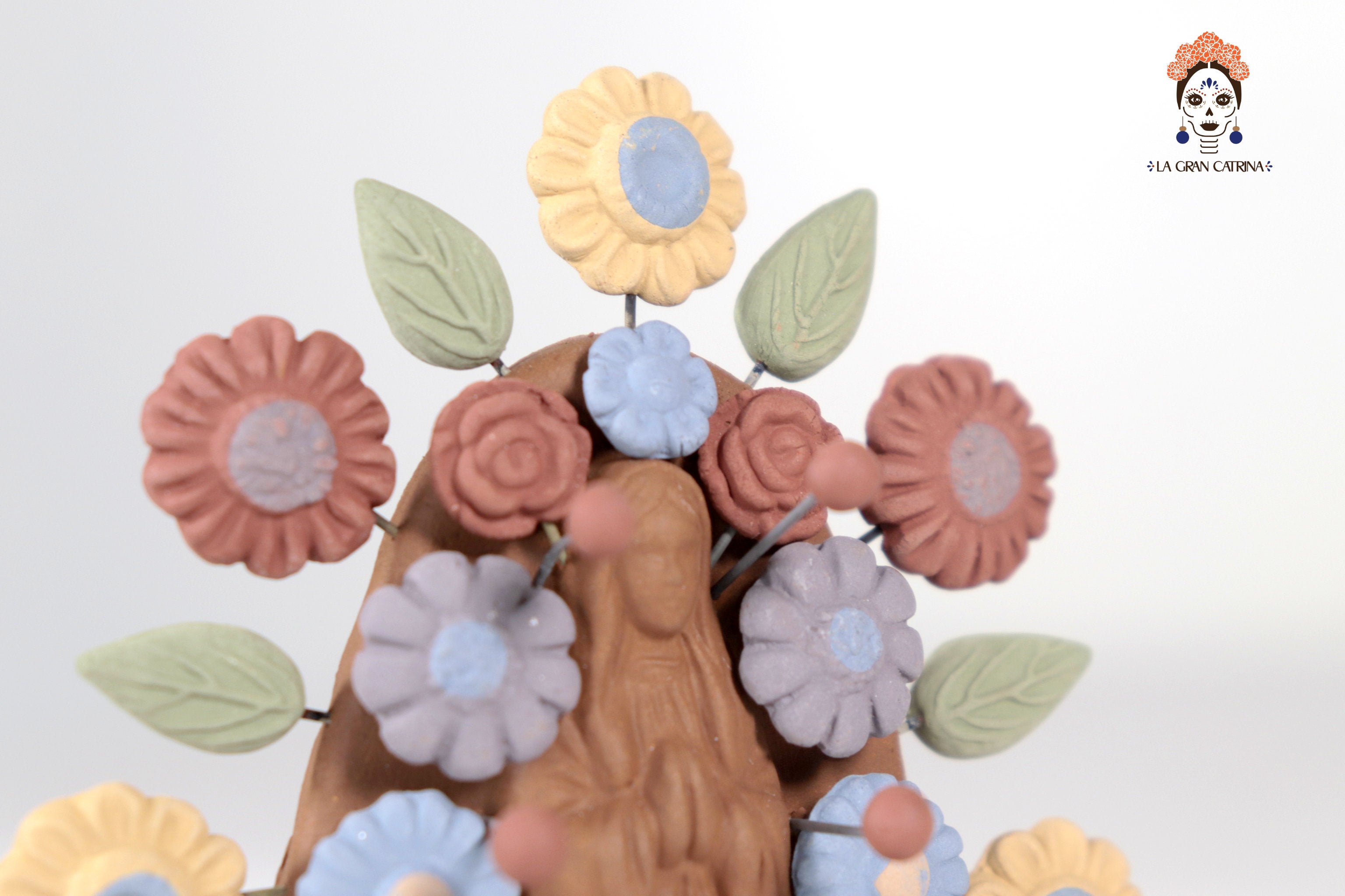 Virgin of Guadalupe - Natural Clay with Butterflies and flowers - 4.2 in. Cecilio