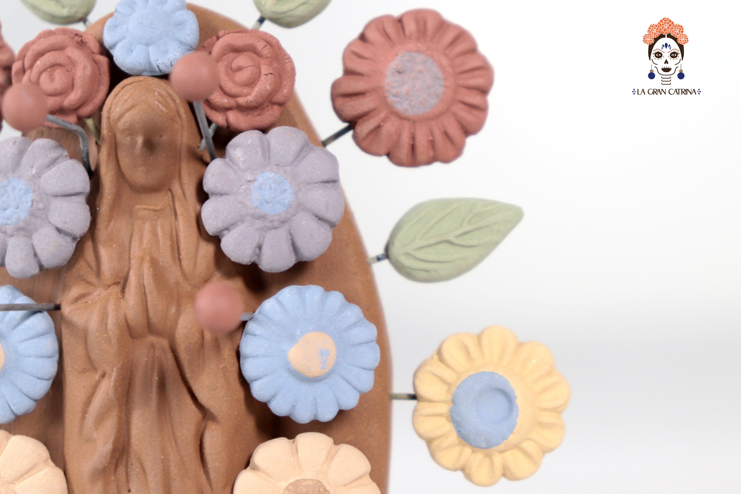 Virgin of Guadalupe - Natural Clay with Butterflies and flowers - 4.2 in. Cecilio