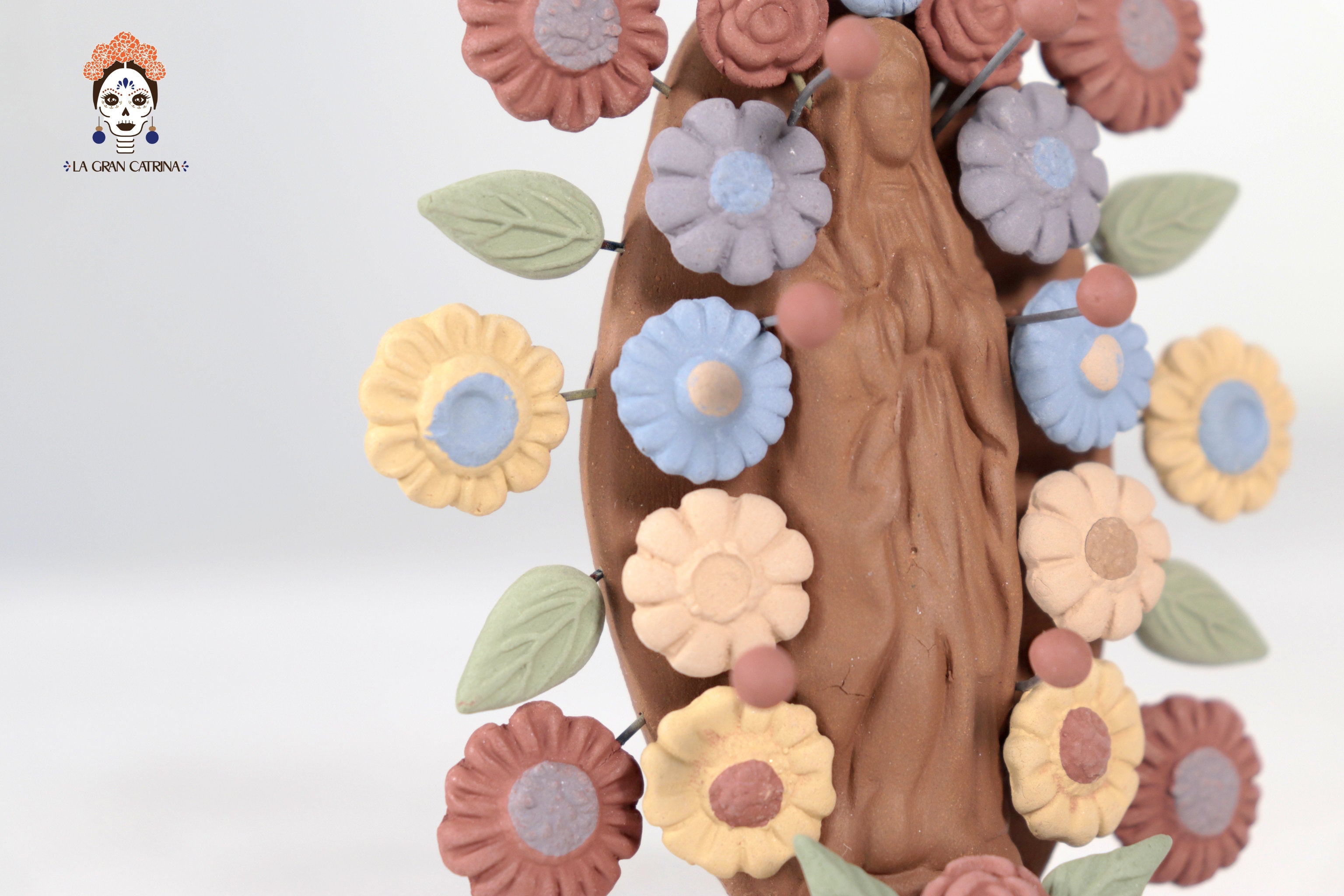 Virgin of Guadalupe - Natural Clay with Butterflies and flowers - 4.2 in. Cecilio