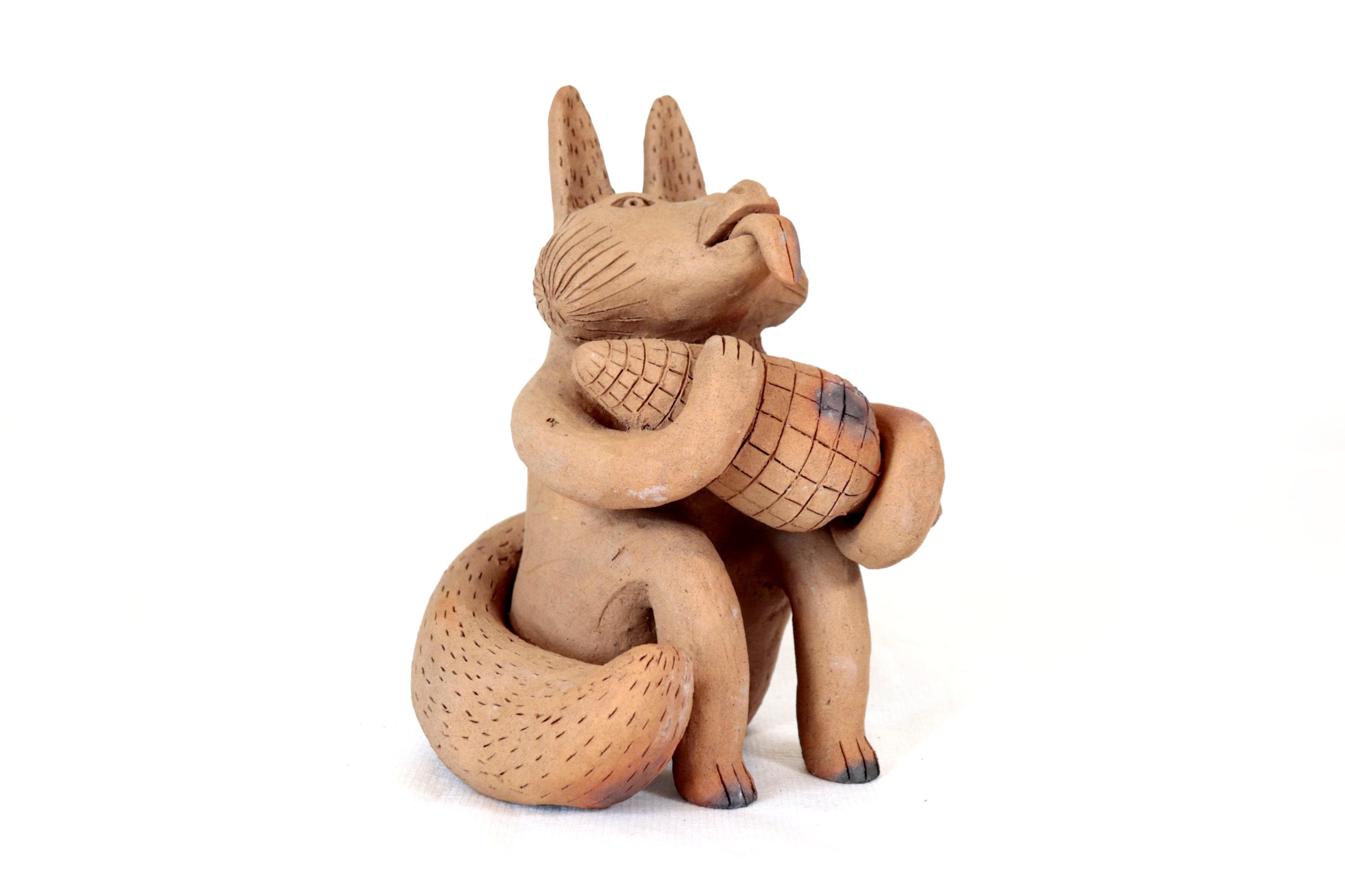 Seed-Holding Fox with Corncob of Natural Clay - 9 in. Zipiajo
