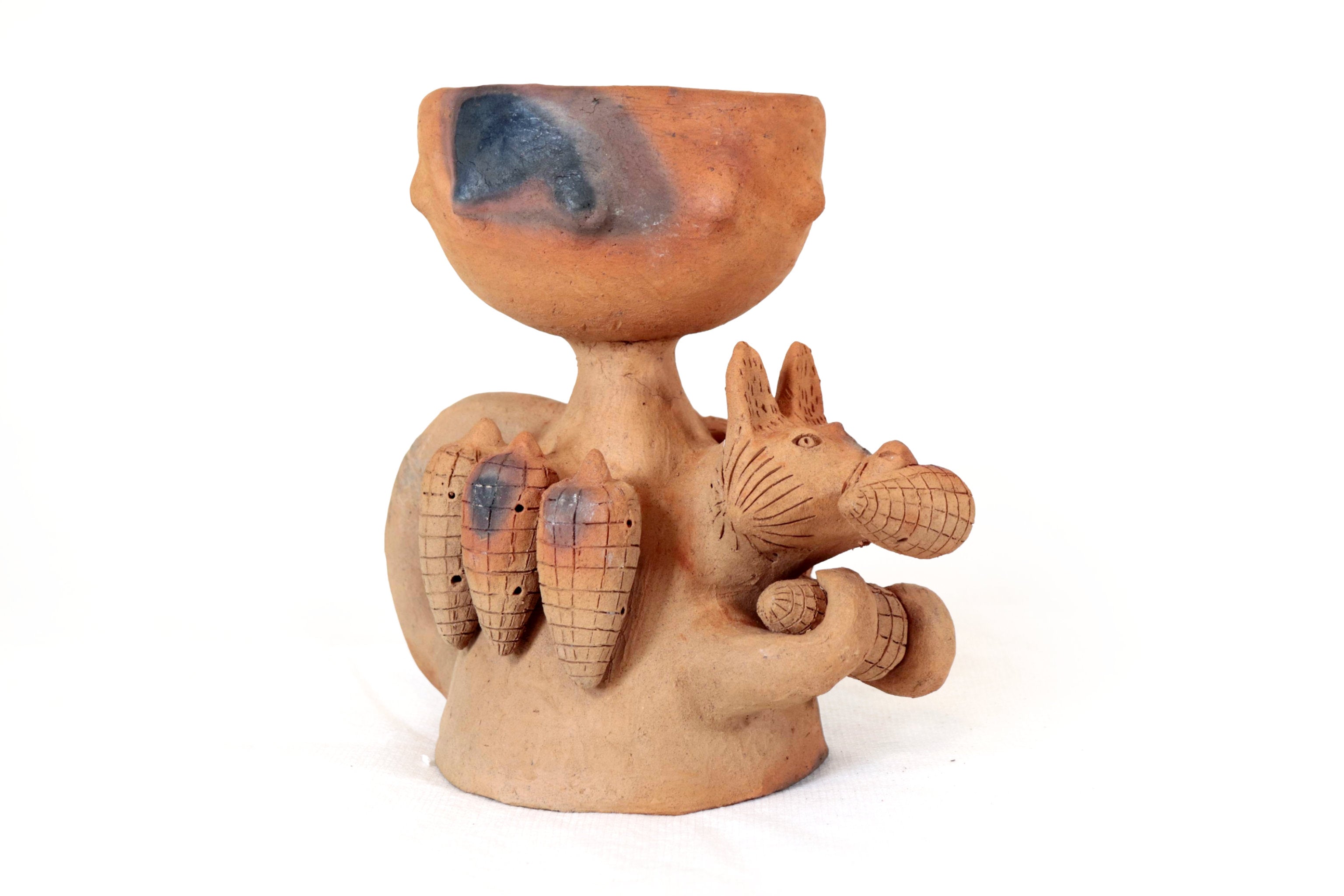 Seed-Holding Fox Copal Burner of Natural Clay - 9.4 in. Zipiajo