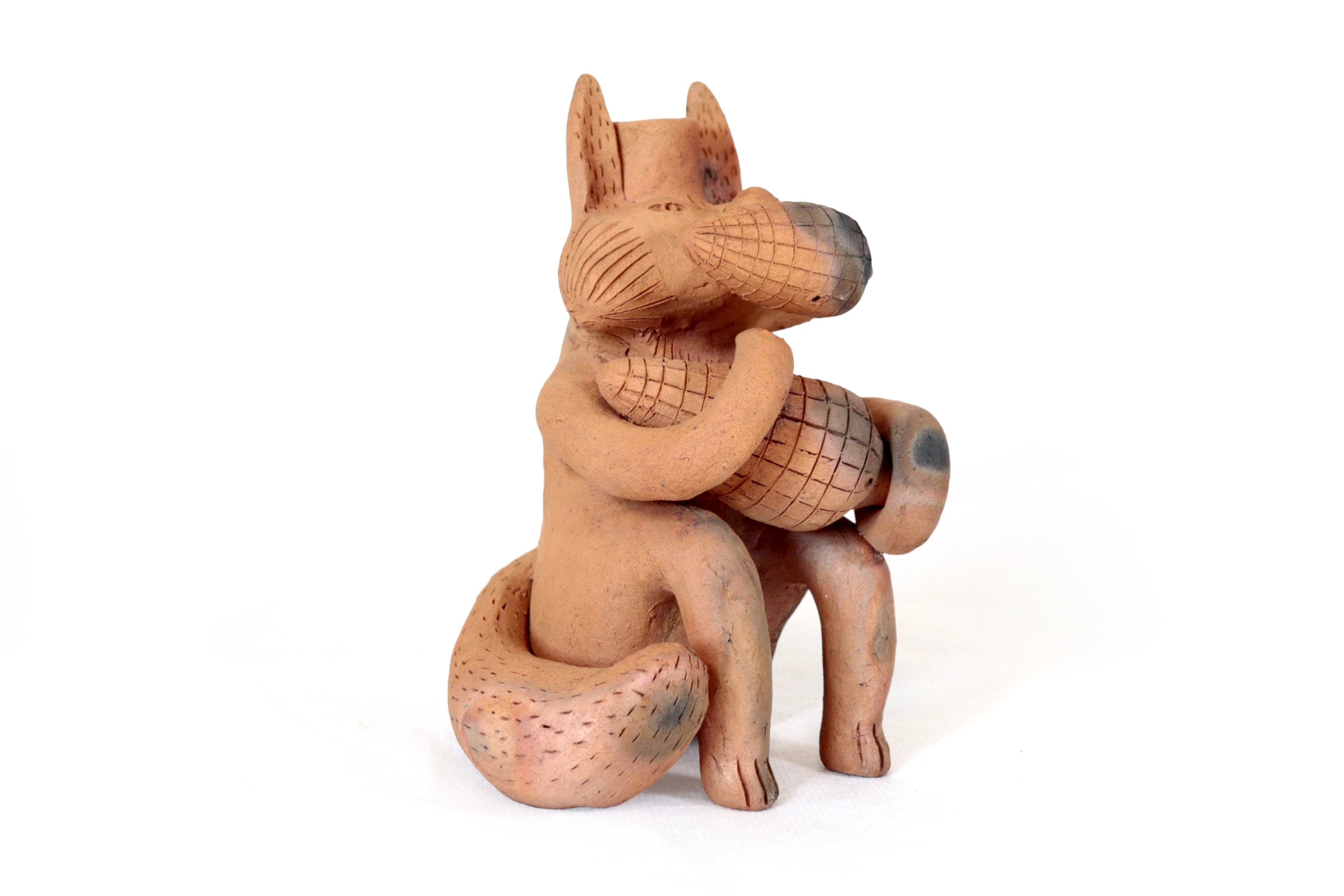 Seed-Holding Fox Candleholder of Natural Clay - 9.8 in. Zipiajo