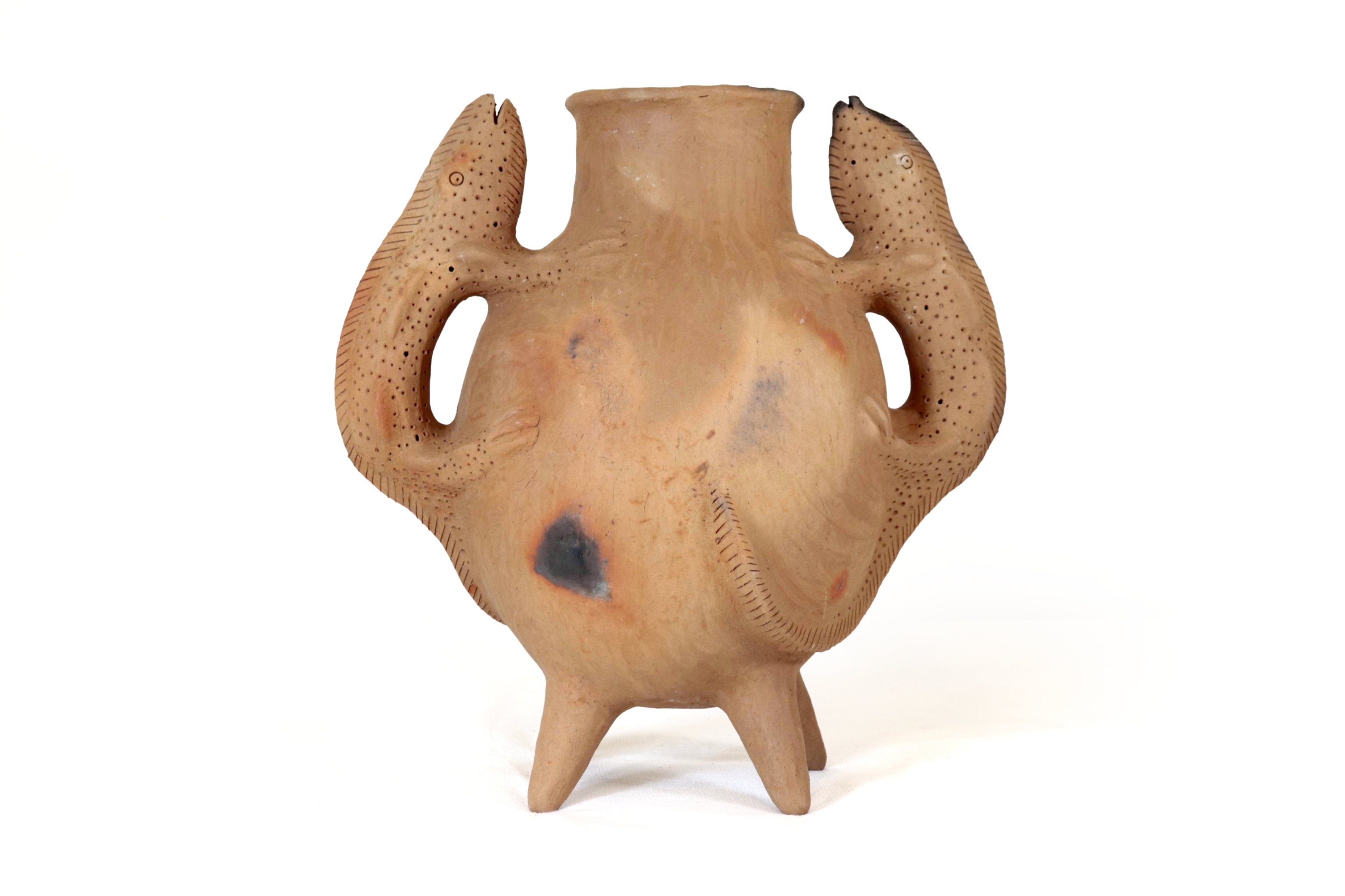 Vase of Natural Clay with Handles of Lagartija - 15.7 in. Zipiajo