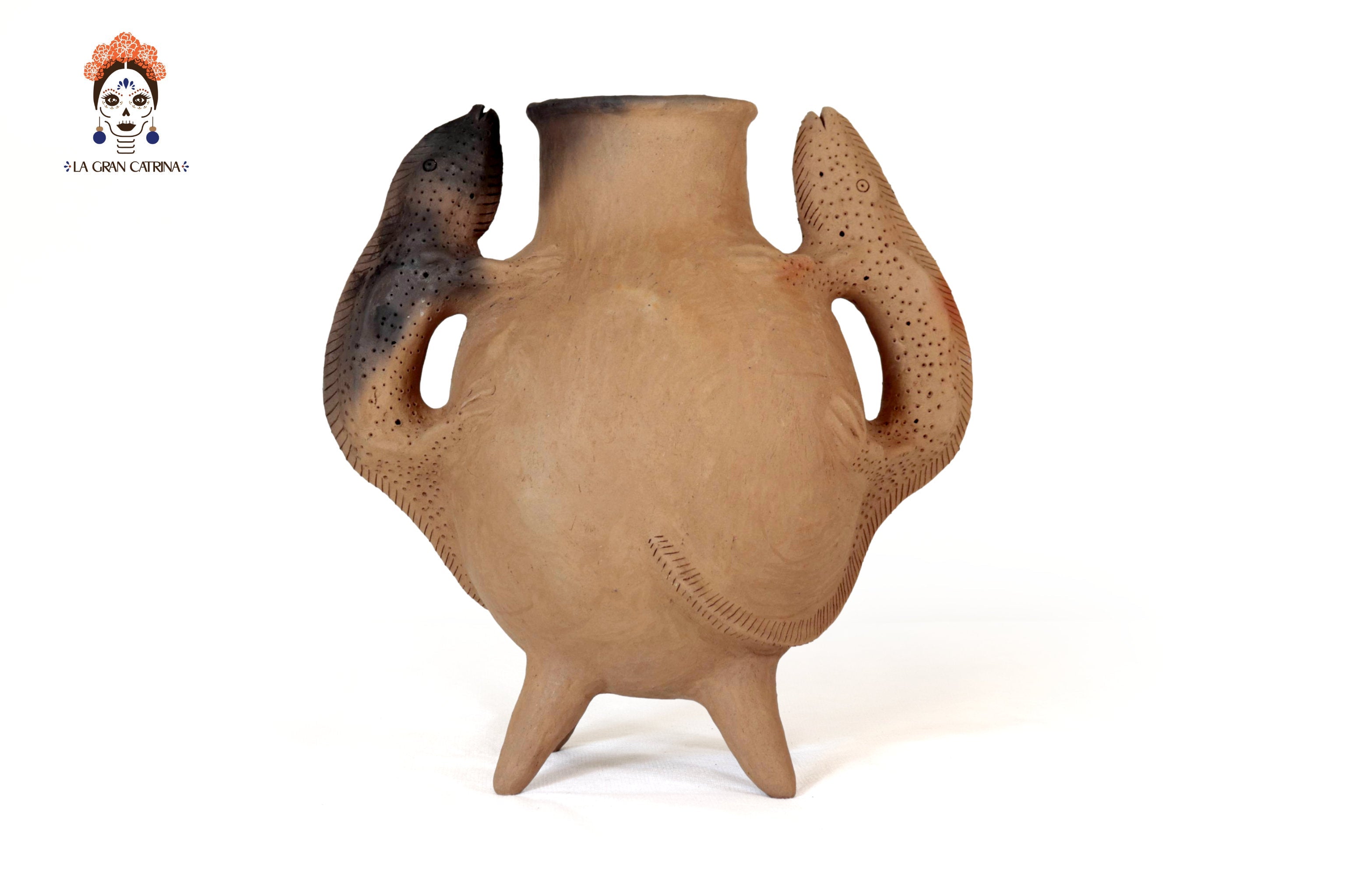 Vase of Natural Clay with Handles of Lagartija - 15.7 in. Zipiajo