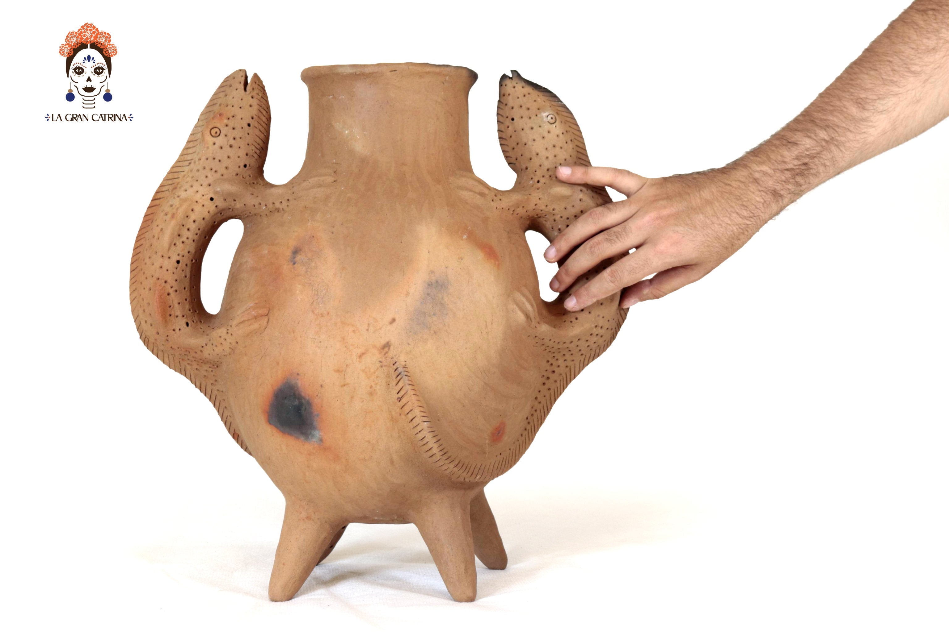 Vase of Natural Clay with Handles of Lagartija - 15.7 in. Zipiajo