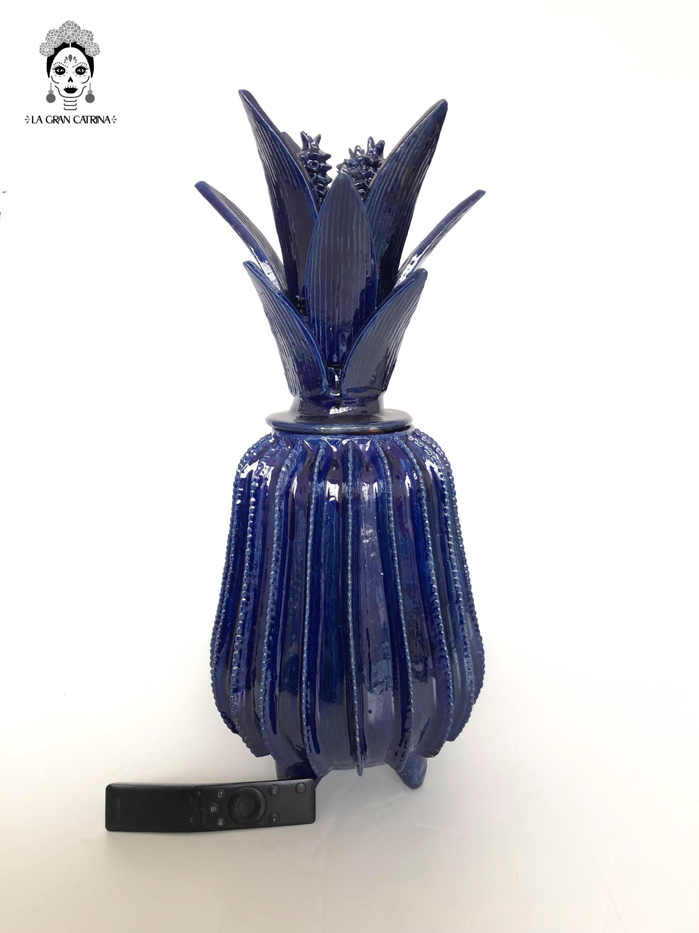 Michoacán Clay Pineapple - Papaya Barrel Cactus Blue - 22 in. Juan Gtz