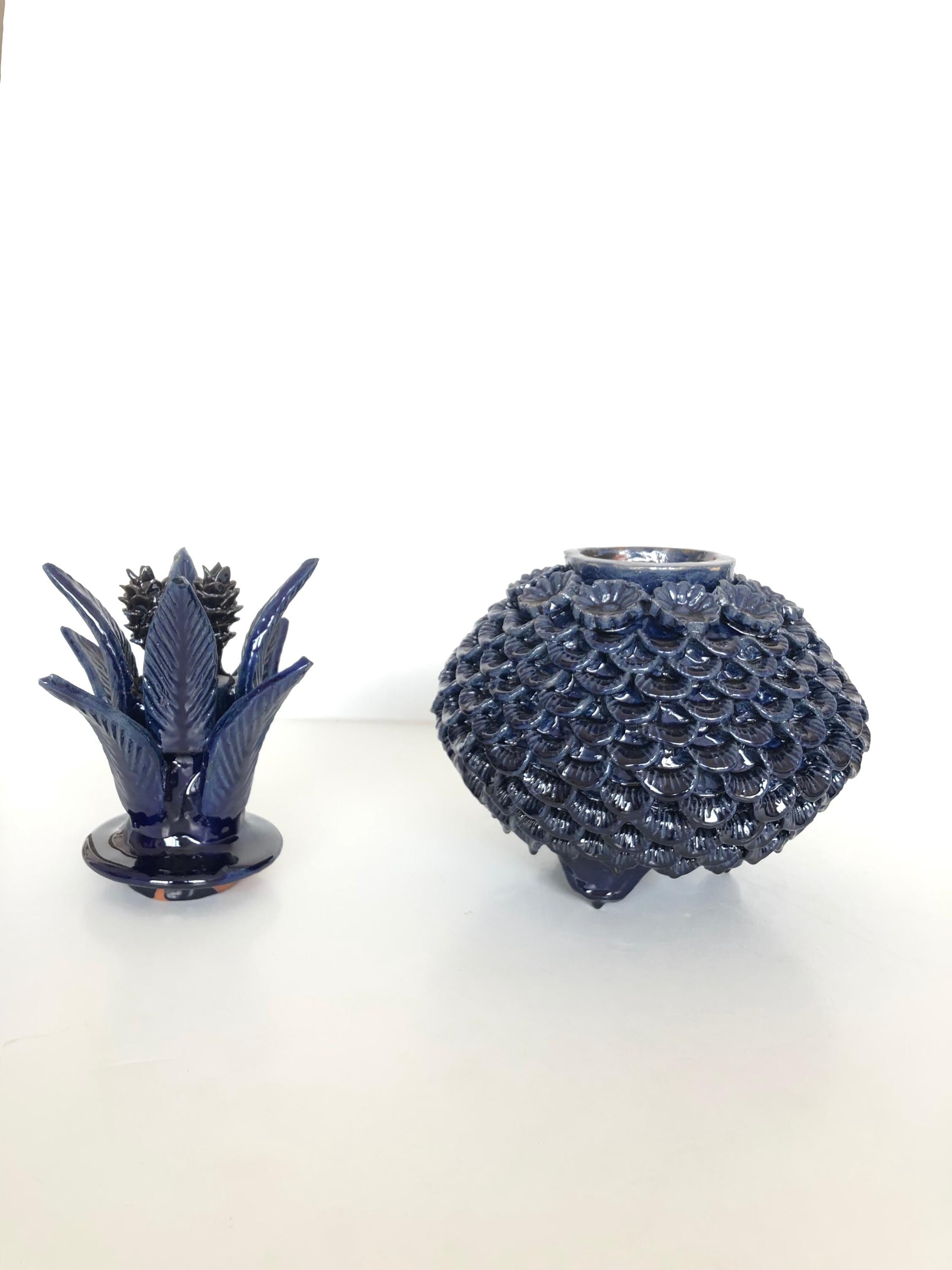 Michoacán Clay Pineapple - Saucer Petals Blue with Flowers - 13 in. Juan Gtz