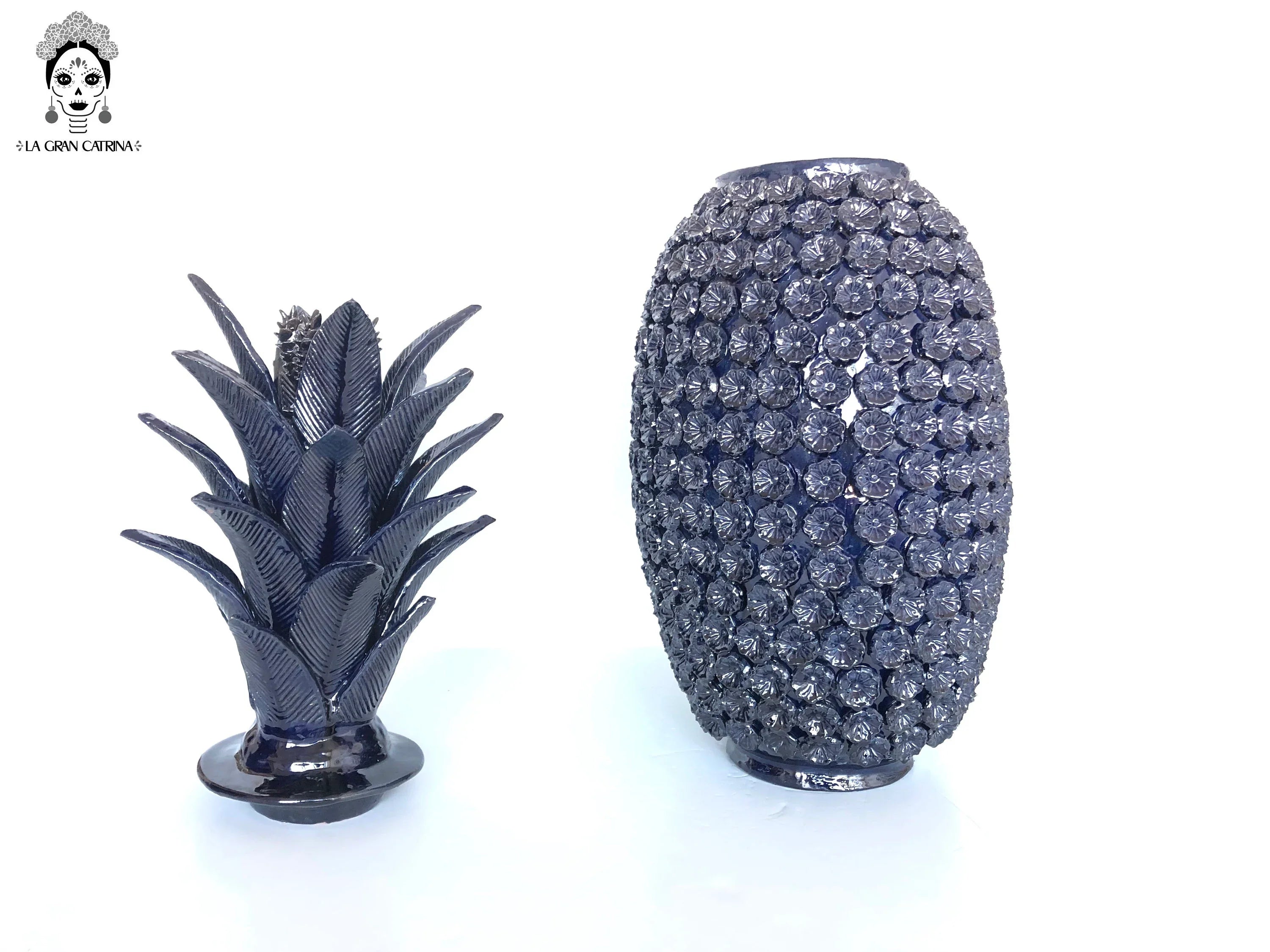 Michoacán Clay Pineapple - Blue with Flowers - 35 in. Juan Gtz