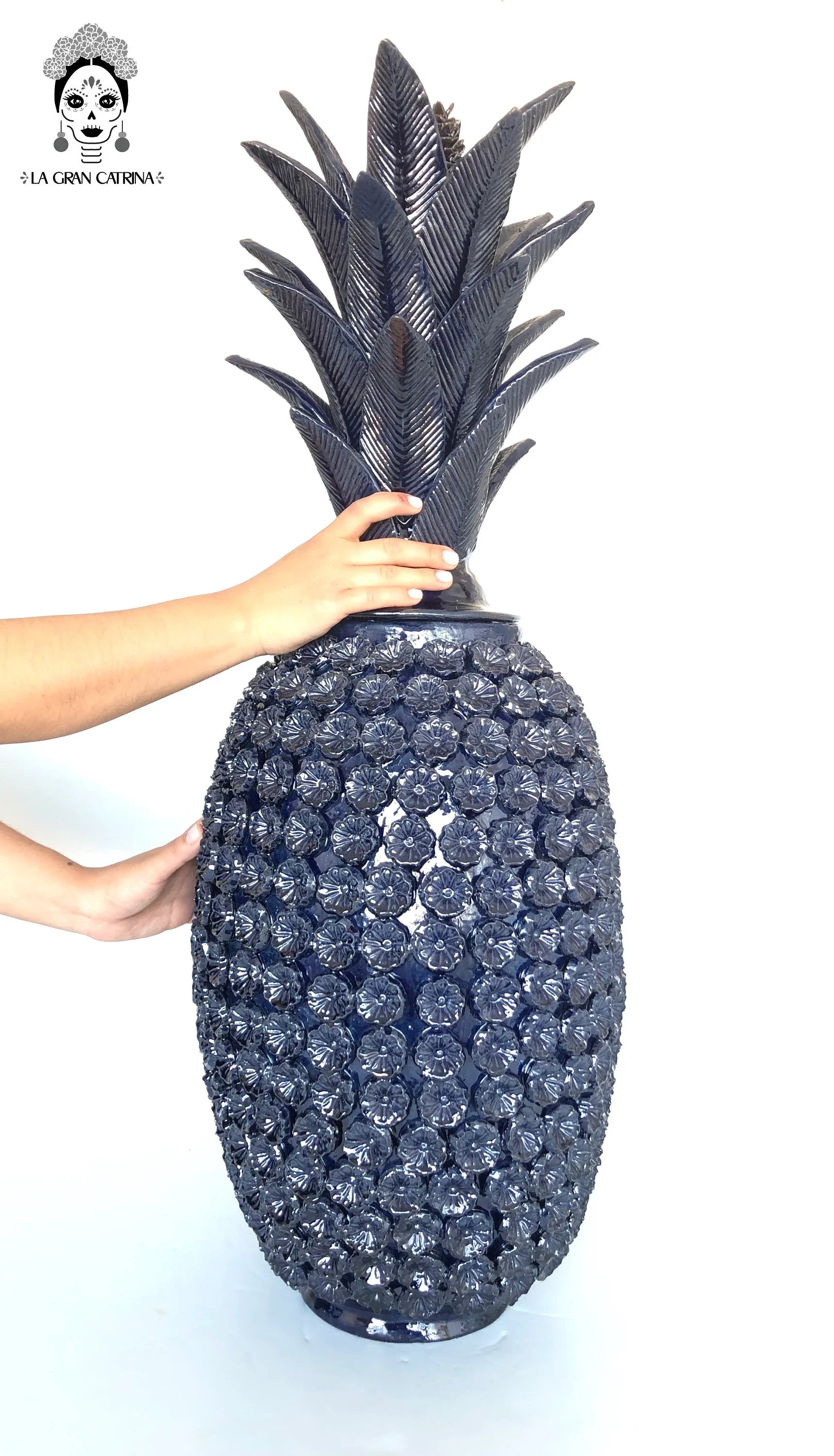 Michoacán Clay Pineapple - Blue with Flowers - 35 in. Juan Gtz