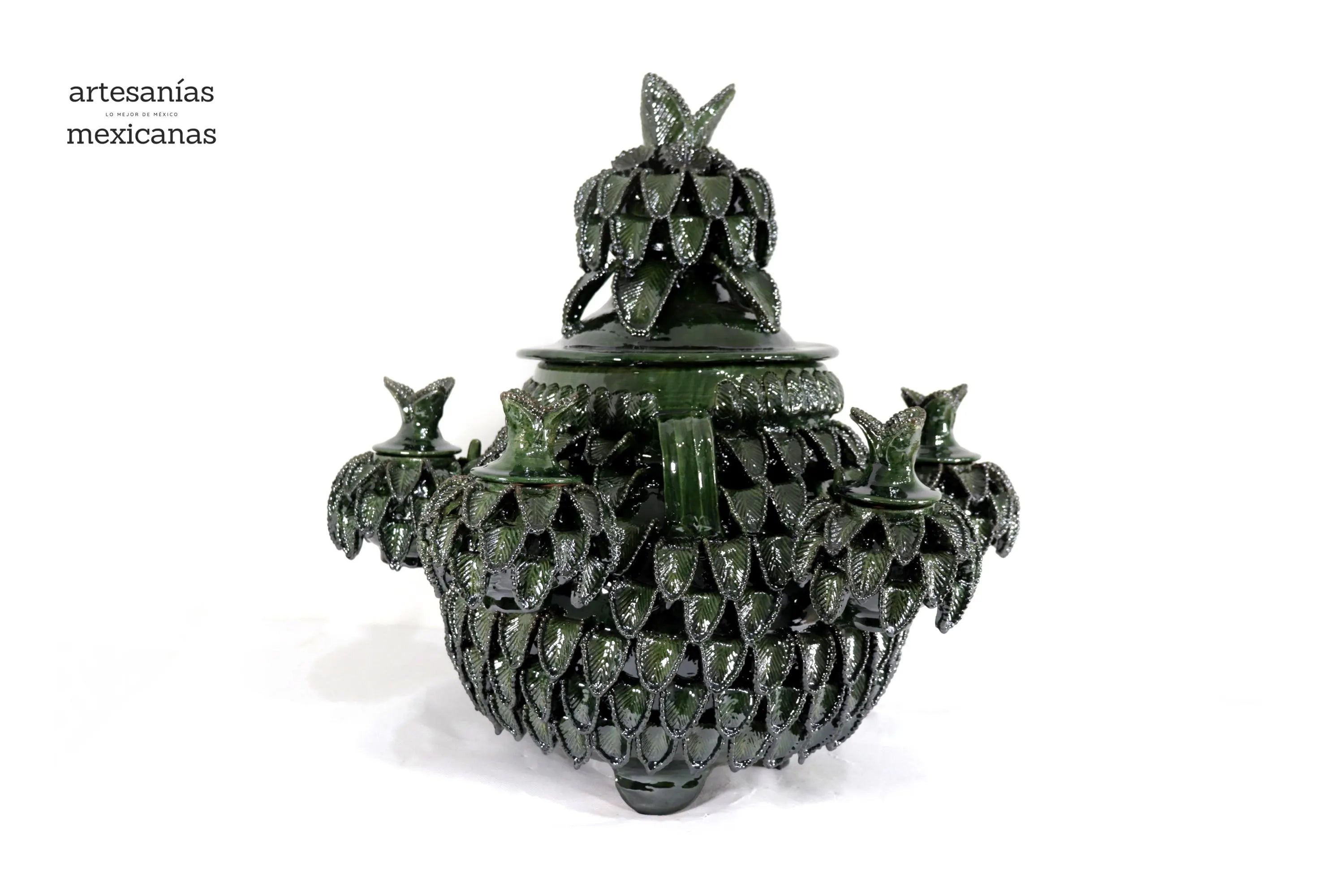 Ponchera green with Leaves vidriada with jarritos Clay - 20 in. Viejitos SJG