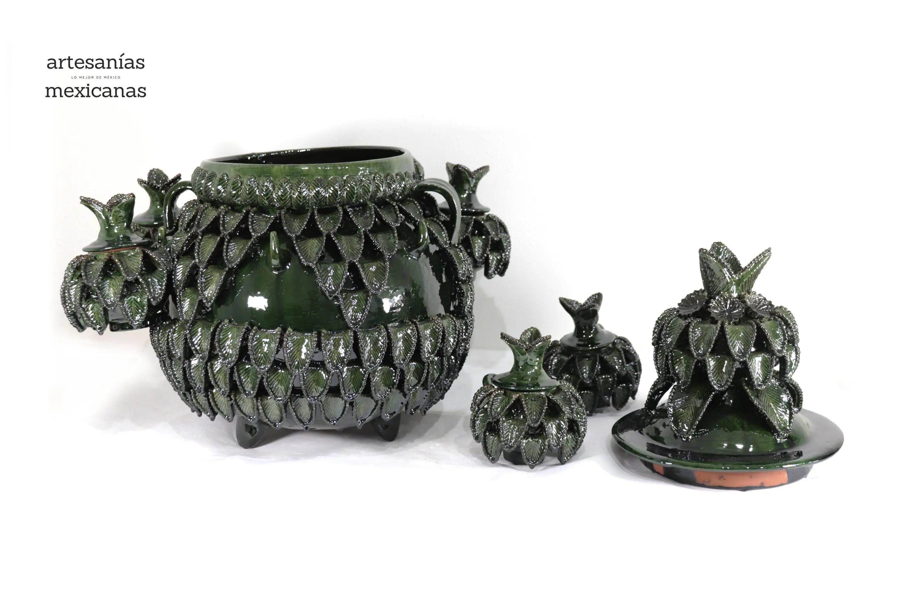 Ponchera green with Leaves vidriada with jarritos Clay - 20 in. Viejitos SJG