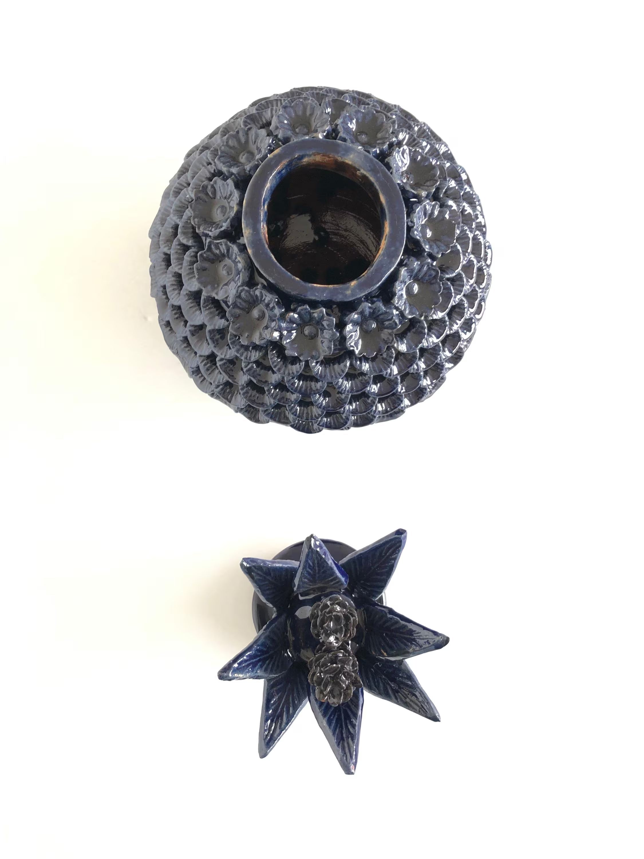 Michoacán Clay Pineapple - Saucer Petals Blue with Flowers - 13 in. Juan Gtz