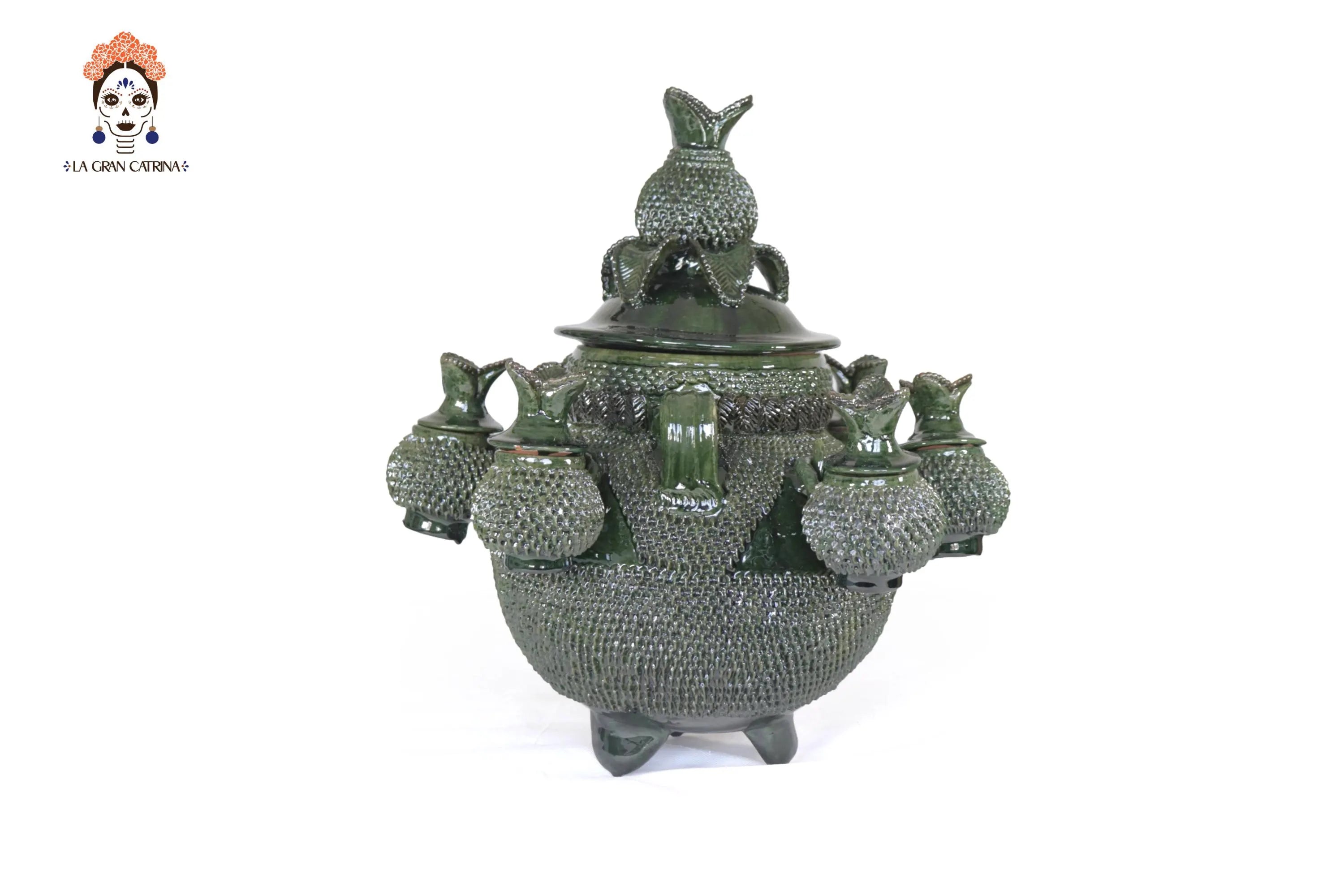 Ponchera of tejido green with jarritos Clay - 14.9 in. Viejitos SJG